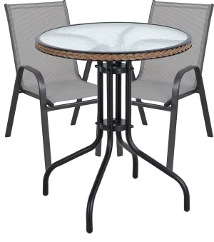 BTExpert Indoor Outdoor 28" Round Tempered Glass Metal Table Brown Rattan Trim   2 Gray Restaurant Flexible Sling Stack Chairs