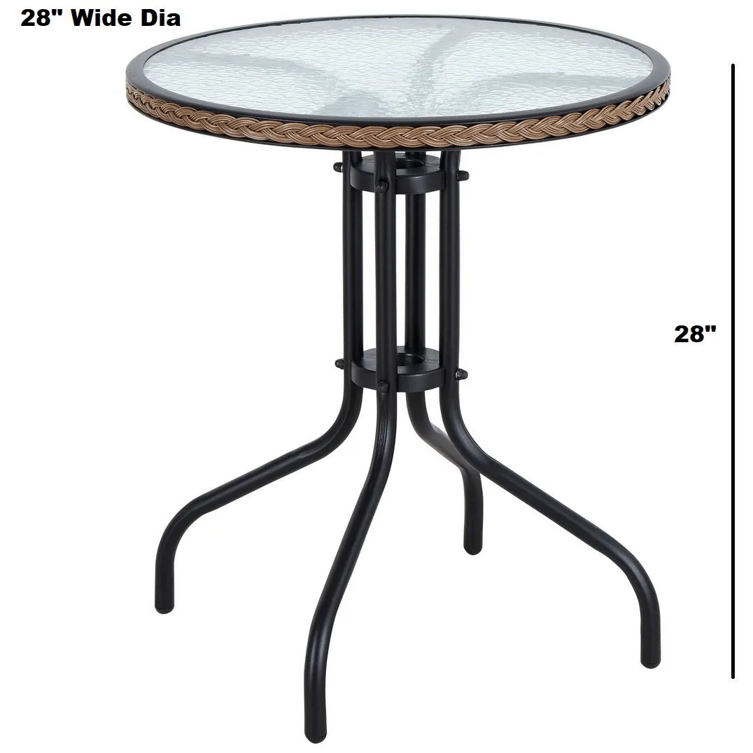 BTExpert Indoor Outdoor 28" Round Tempered Glass Metal Table Brown Rattan Trim   2 Gray Restaurant Flexible Sling Stack Chairs