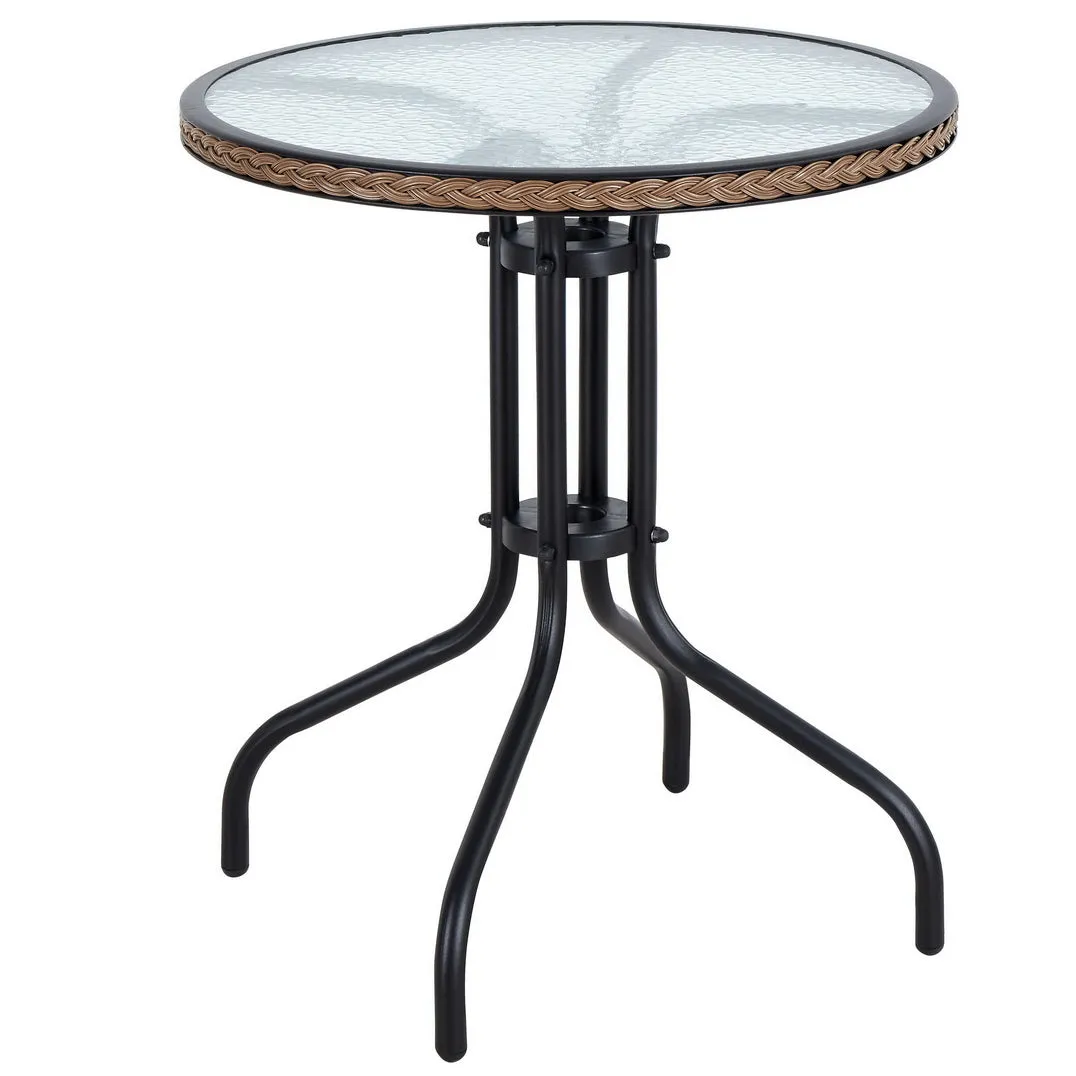 BTExpert Indoor Outdoor 28" Round Tempered Glass Metal Table Brown Rattan Trim   2 Gray Restaurant Flexible Sling Stack Chairs