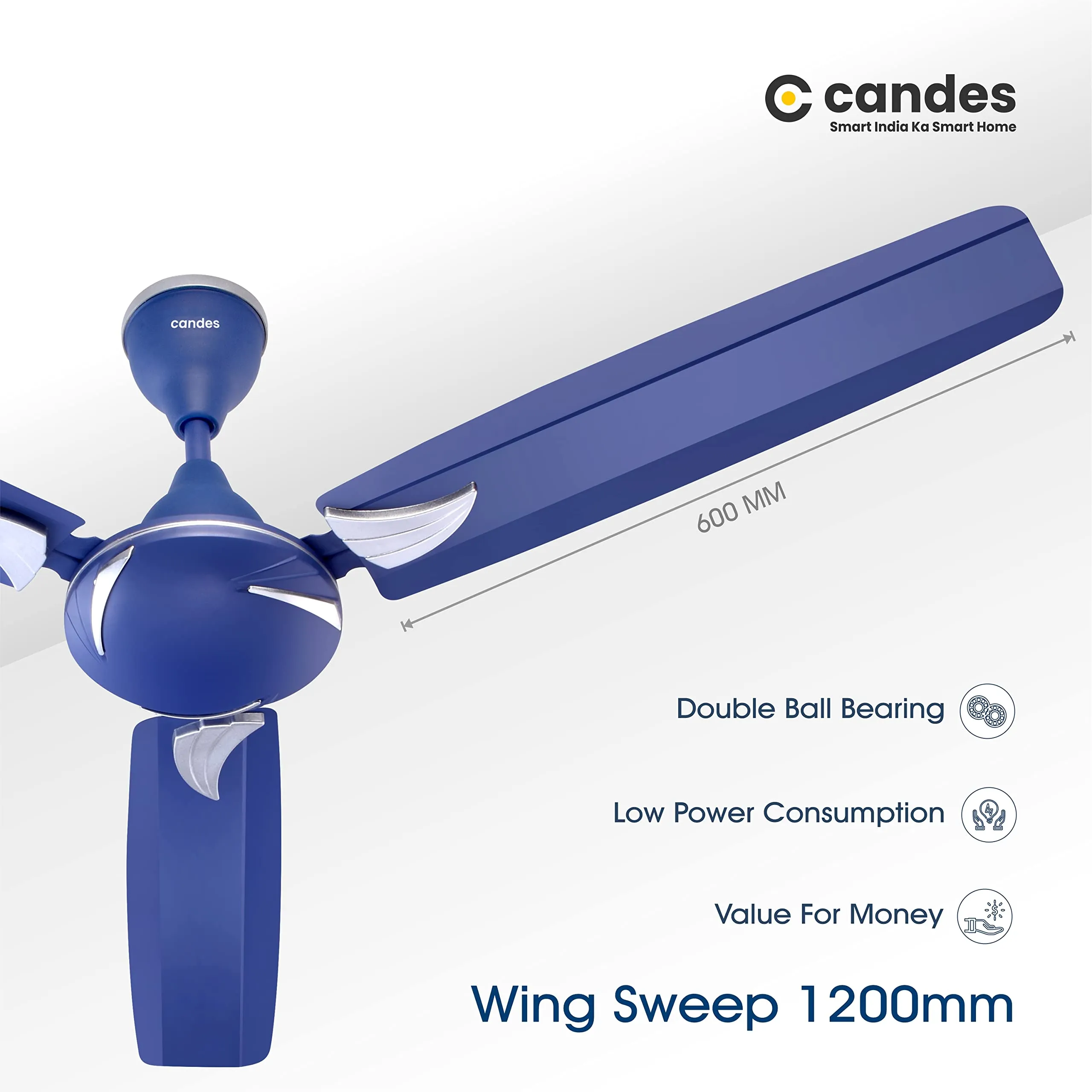 Candes Lynx 1200Mm High-Speed Decorative Ceiling Fans For Home | Bee 3 Stars Rated 405 Rpm Anti-Dust | 2 Years Warranty (Silver Blue) Pack Of 1