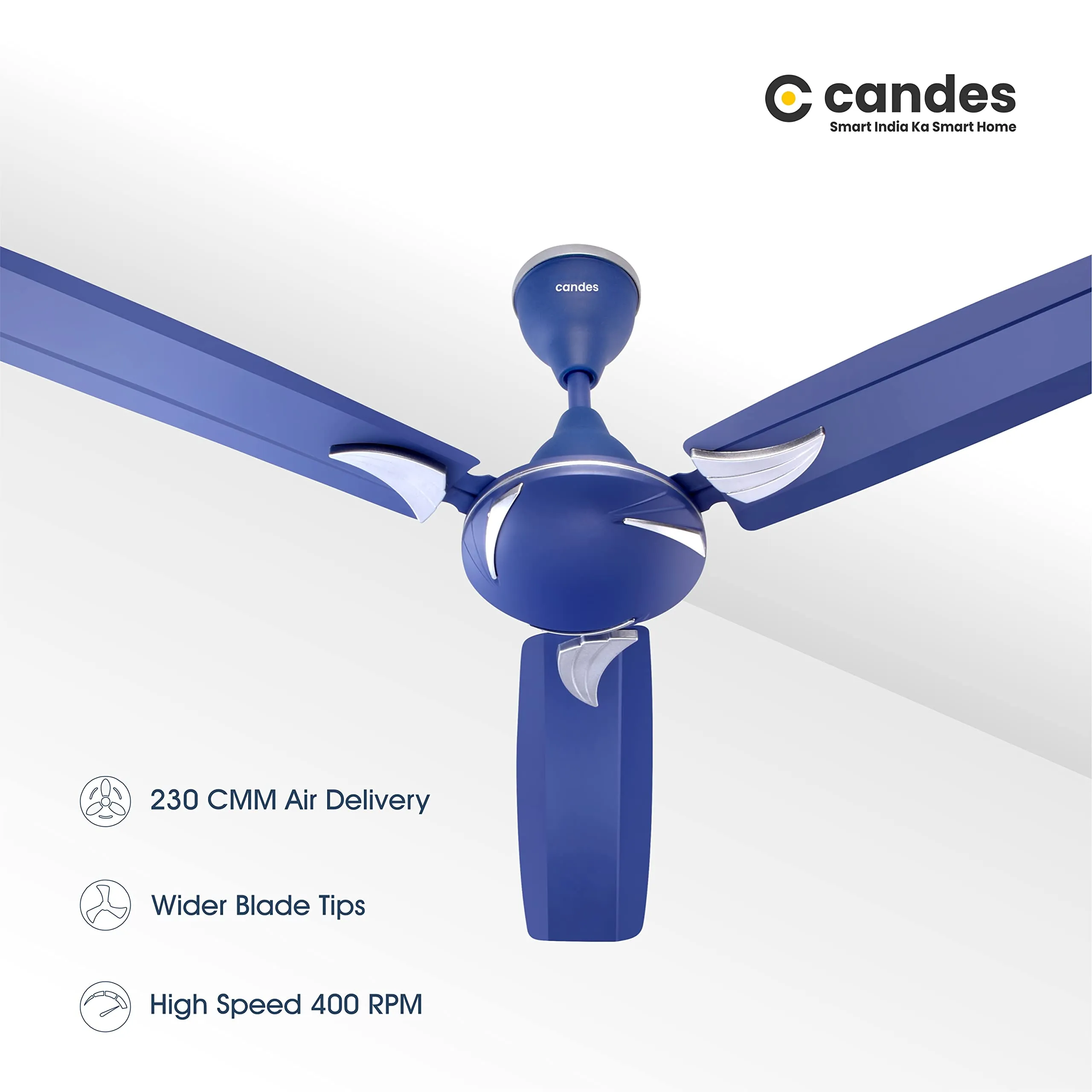 Candes Lynx 1200Mm High-Speed Decorative Ceiling Fans For Home | Bee 3 Stars Rated 405 Rpm Anti-Dust | 2 Years Warranty (Silver Blue) Pack Of 1