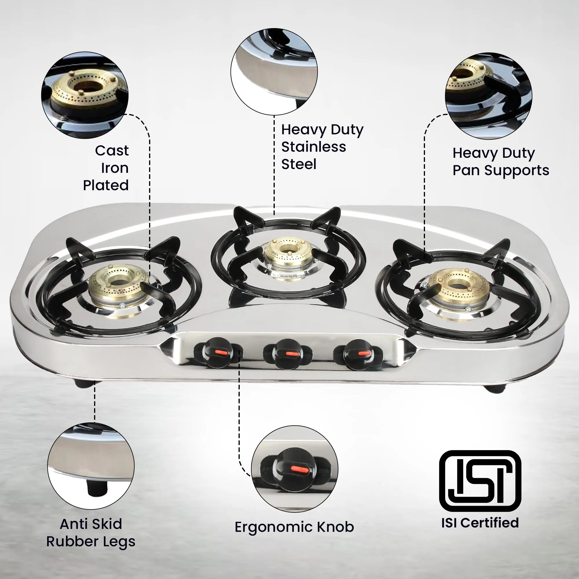 Candes Stainless Steel Gas Stove 3 Burners With Premium Die Cast Alloy | Tornado Burner | Nylon Ergonomics Knob | LPG Compatible | ISI Certified | 1 Yr Warranty | Oval Body | Silver