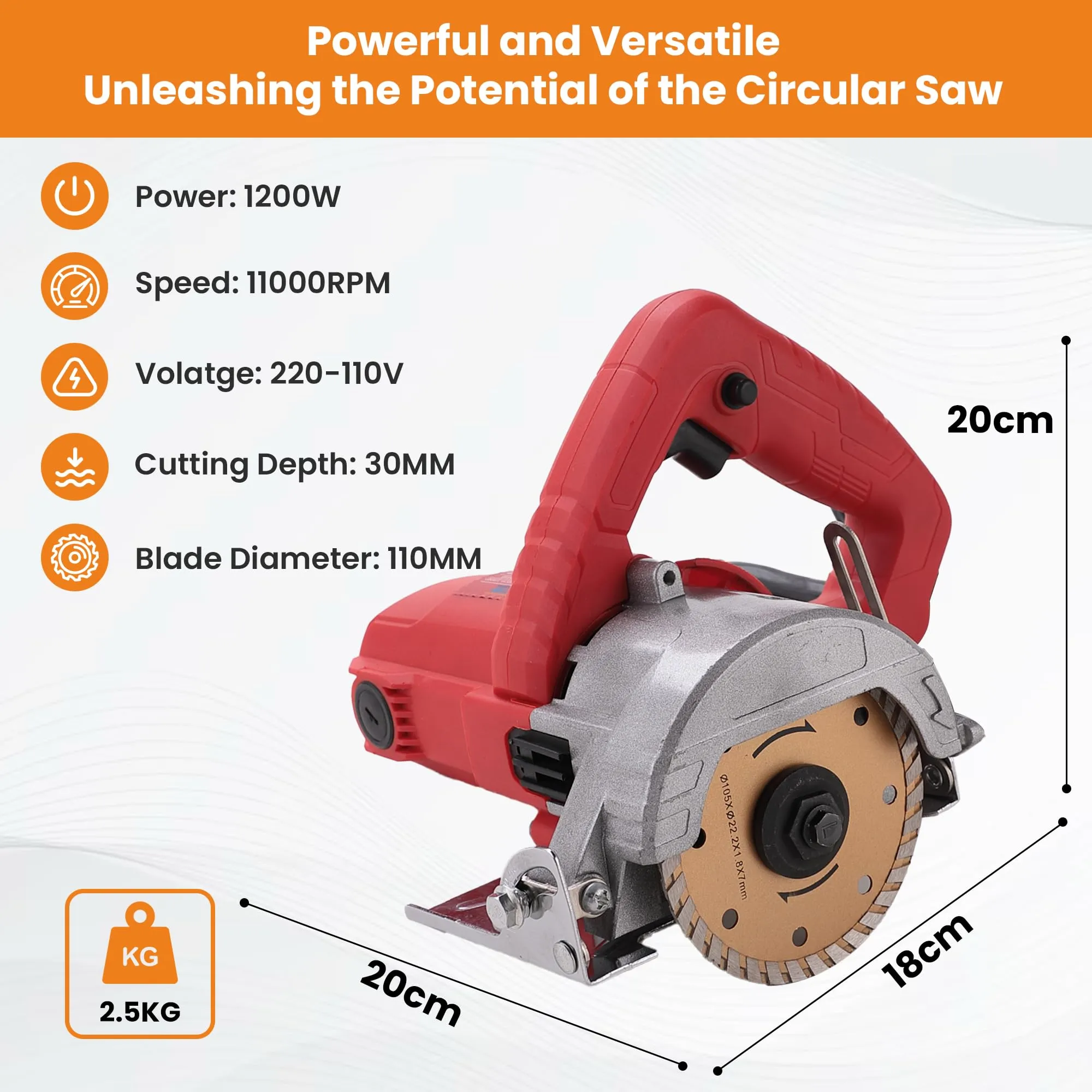 Cheston Marble Cutter Machine 1200W with Durable Blade| 110mm Wood Cutter Machine with Adjustable 30mm Cutting & 45° Bevel Depth | Tile, Granite, Plywood, Metal Cutter Machine | 1 Year Warranty