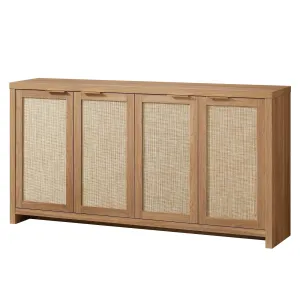 classic 4-Door Sideboard Buffet,Rattan Storage Cabinet with Adjustable Shelves,Weathered Oak