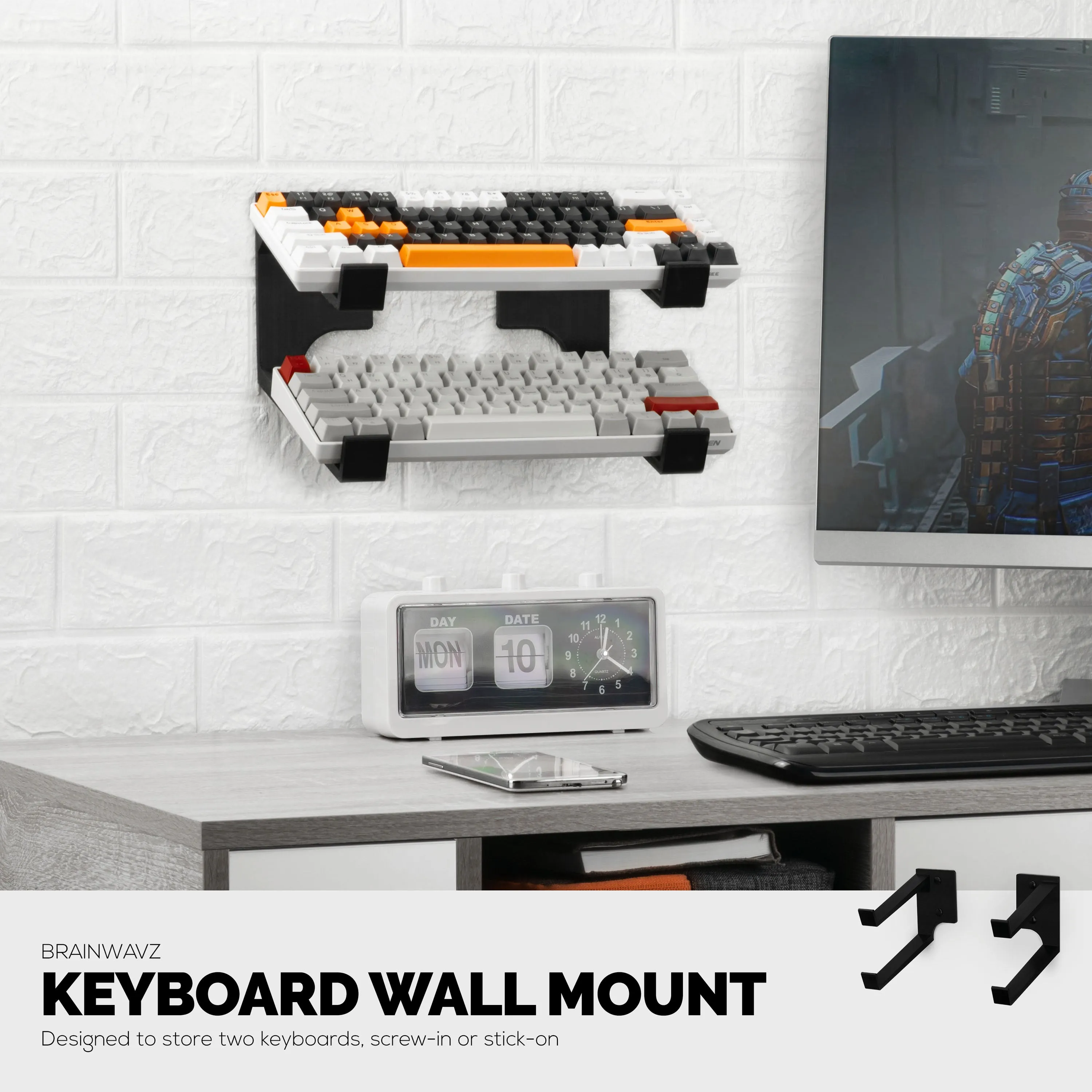 Dual Gaming Keyboard Stand for Wall Mounting - Adhesive or Screw Mount Installation - Stylish and Space Saving Solution for Gamers, Home & Office (KBW04)