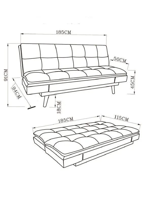 Duncan Fabric Sofa Bed With Adjustable Armrests, Wooden Legs, Dark Grey Fabric