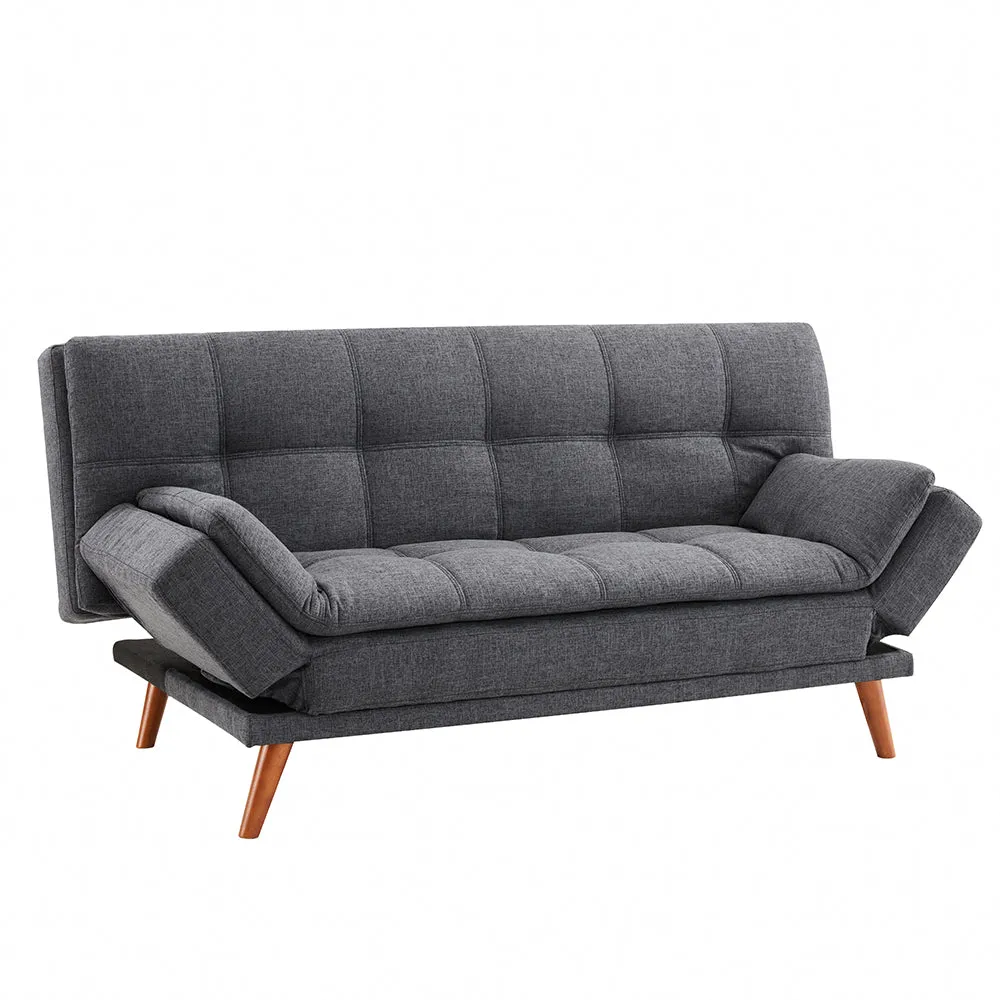 Duncan Fabric Sofa Bed With Adjustable Armrests, Wooden Legs, Dark Grey Fabric