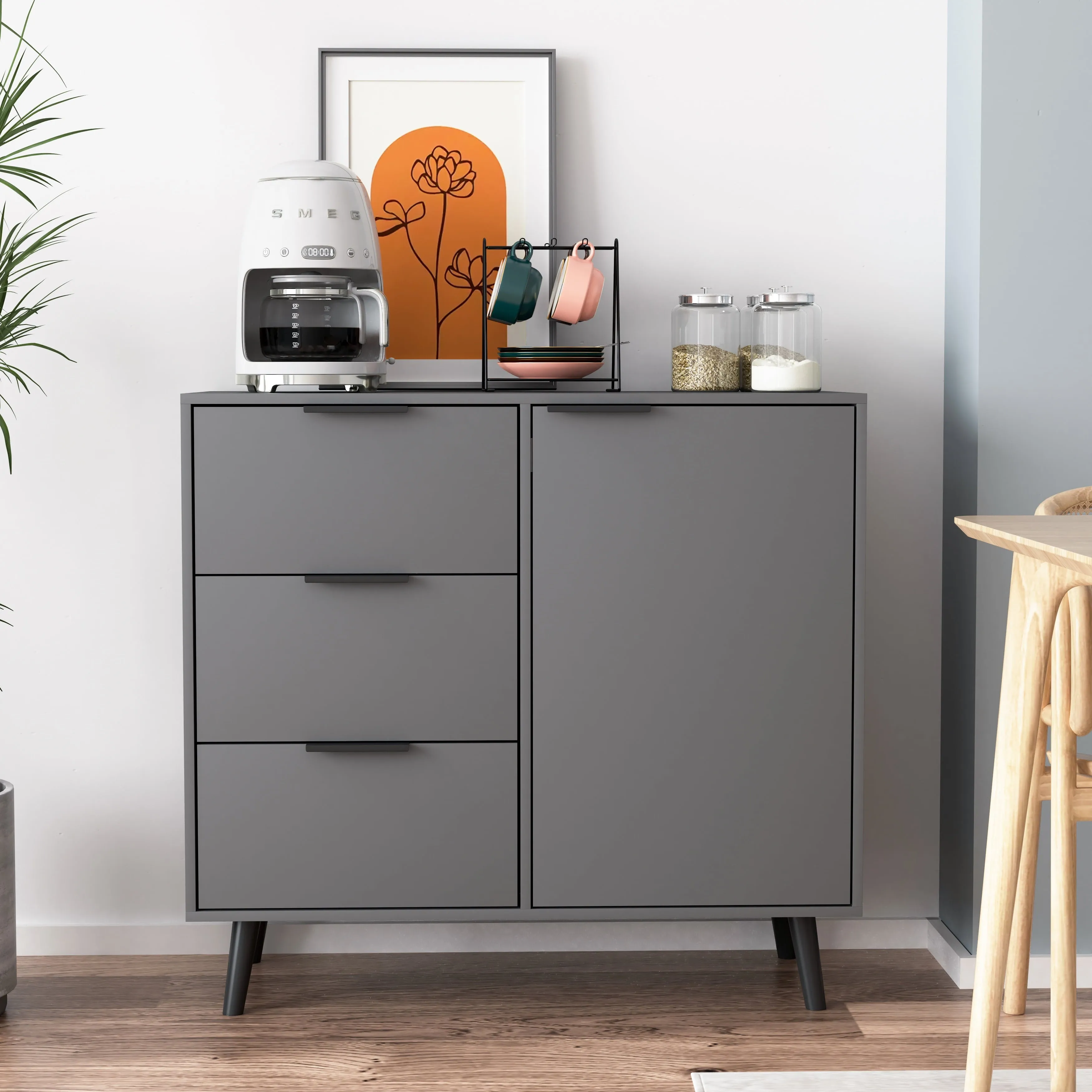 essential Mid Century Sideboard Buffet with 3 Drawers,2Door Accent Cabinet for Entryway,Natural,29"H