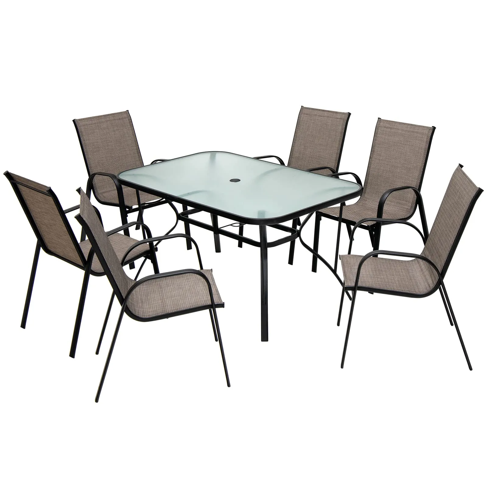 Furniture Set, Outdoor Furniture Set with 6 Stackable Armchairs, 55 Inches Dining Table with 1.5 Inches Umbrella Hole