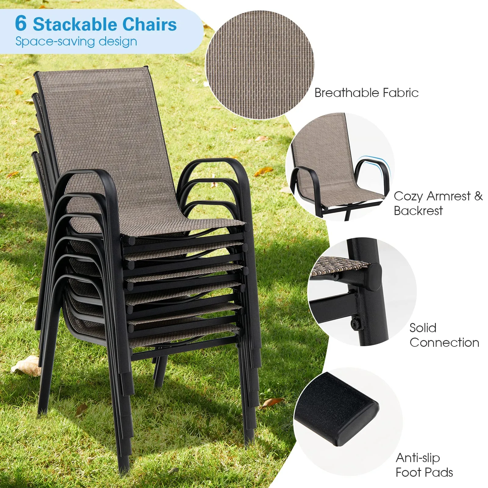 Furniture Set, Outdoor Furniture Set with 6 Stackable Armchairs, 55 Inches Dining Table with 1.5 Inches Umbrella Hole