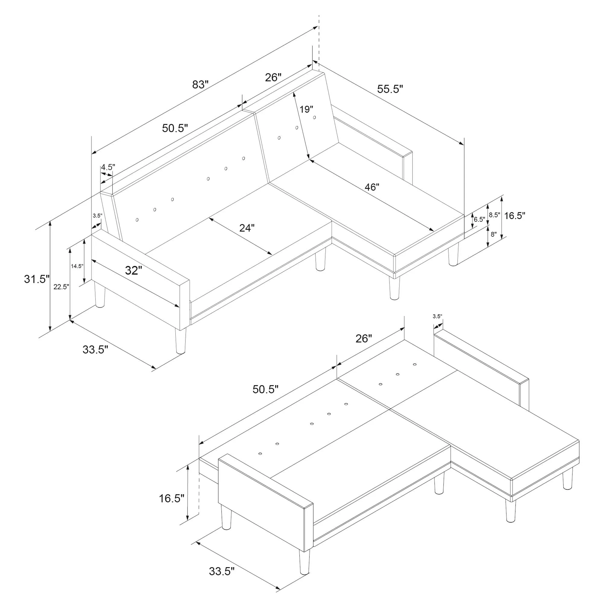 Haven Small Space Reversible Sectional Futon