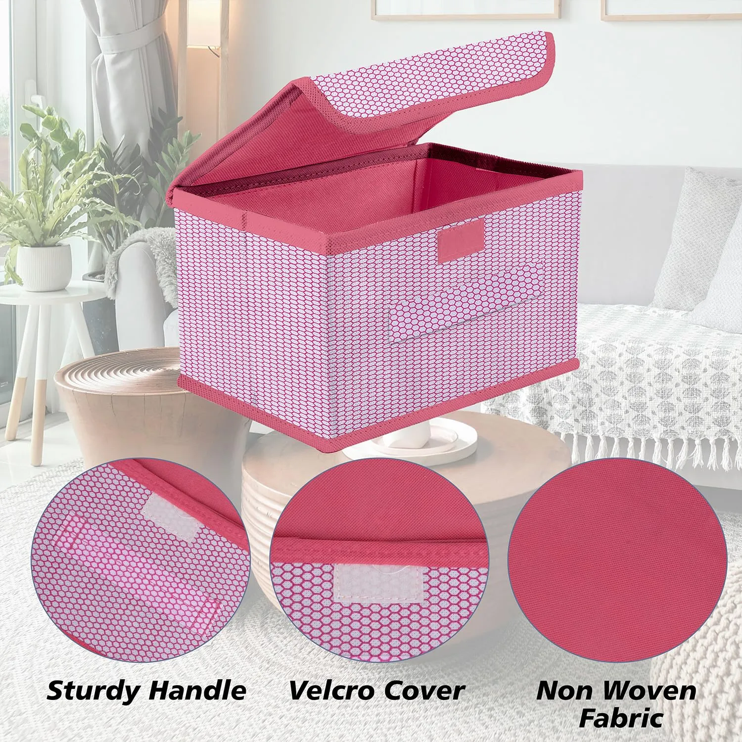 Heart Home Drawer Storage Box | Zig Zag Dhakkan Storage Box | Non-Woven Clothes Organizer For Toys | Storage Box with Handle | Large | Pink