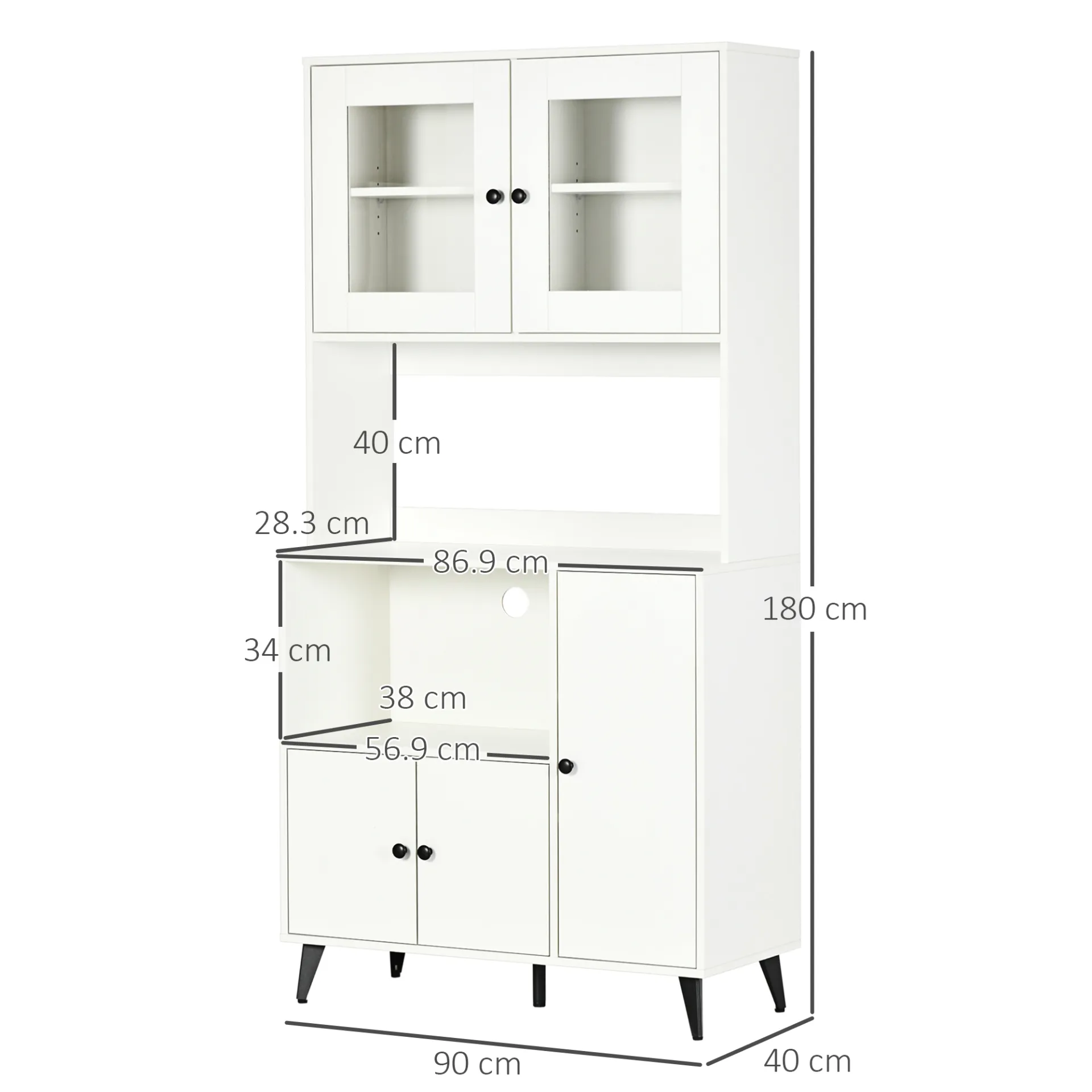 HOMCOM Freestanding Kitchen Cupboard - Modern White Storage Cabinet with Adjustable Shelves & Doors, 180cm