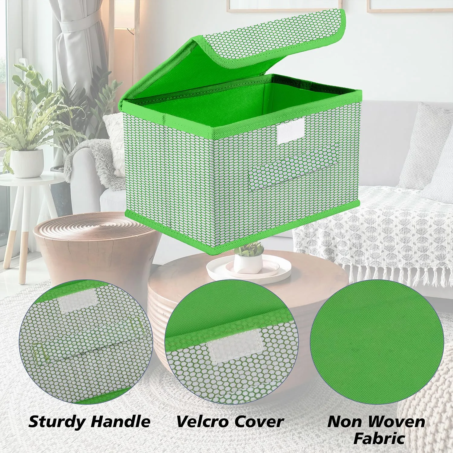 Kuber Industries Drawer Storage Box | Zig Zag Dhakkan Storage Box | Non-Woven Clothes Organizer For Toys | Storage Box with Handle | Small | Pack of 4 | Green