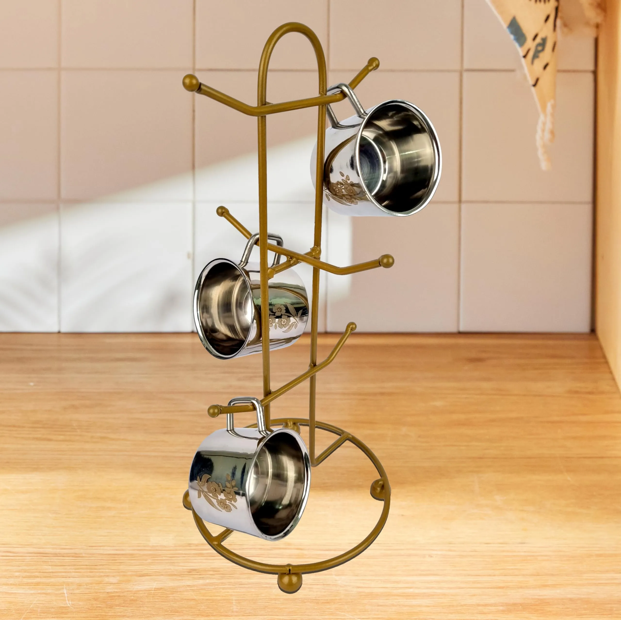 Kuber Industries Pack of 3 Kitchen Stand | Cup Stand for Kitchen | Coffee and Tea Mug Holder | Dinning Tabel Cup Stand for Kitchen | Organizer for Kitchen | 6 Cup Stand Hanger | Gold