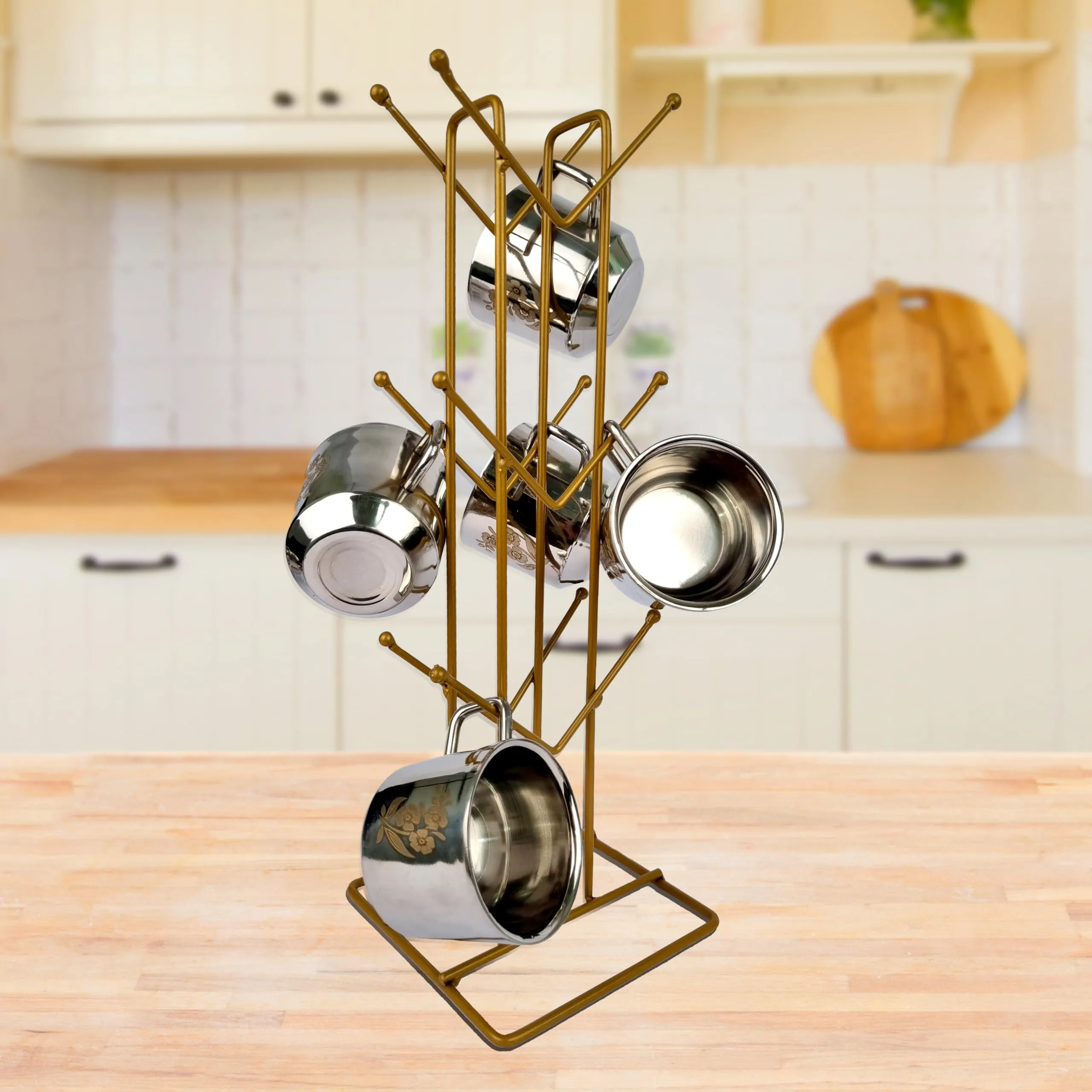 Kuber Industries Pack of 4 Kitchen Stand | Cup Stand for Kitchen | Coffee and Tea Mug Holder | Dinning Tabel Cup Stand for Kitchen | Organizer for Kitchen | 12 Hook Cup Stand Hanger | Gold