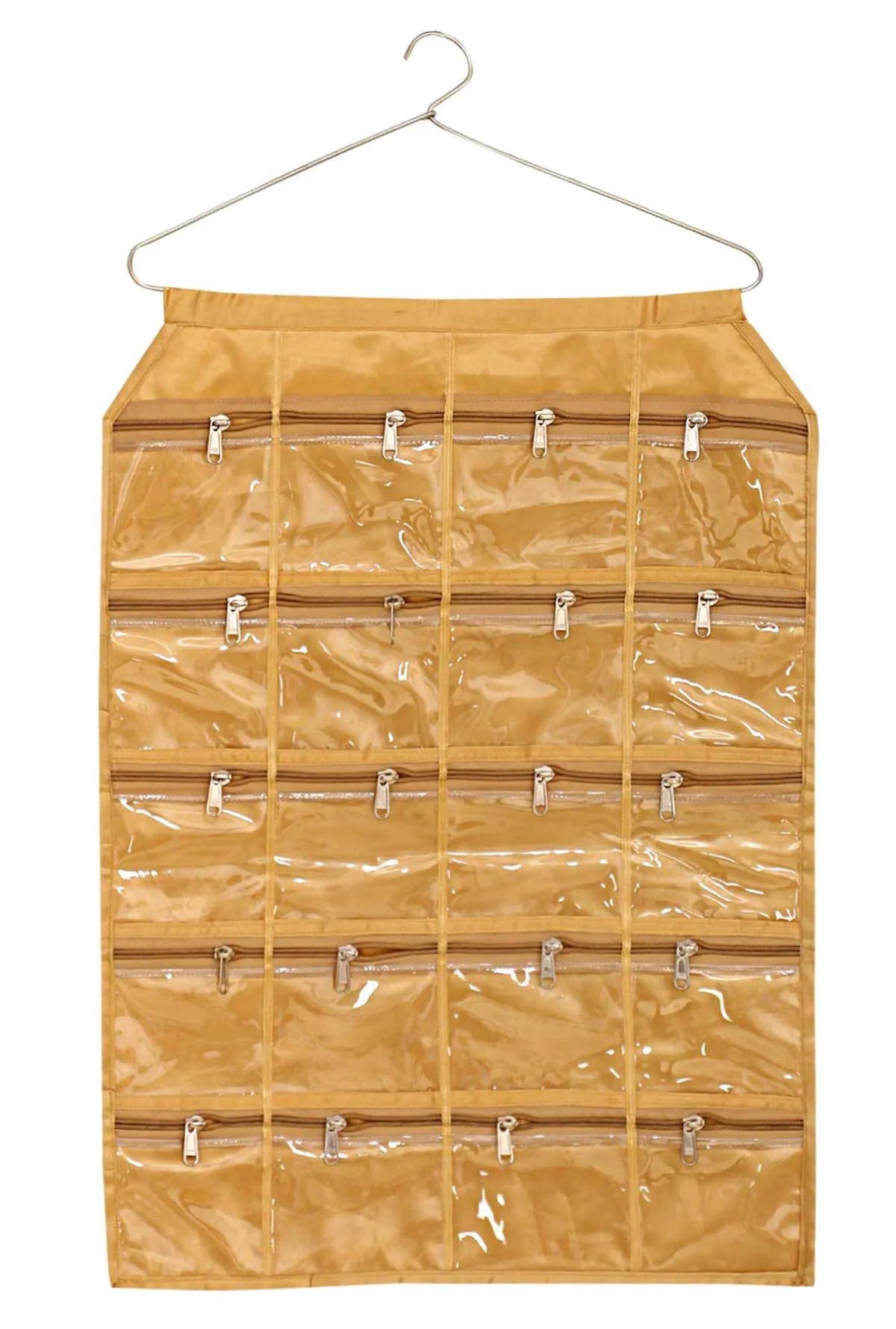 Kuber Industries Satin Jewellery Organizer With 20 Zipper Pockets With Hanger, Gold (F_26_KUBMART016961)