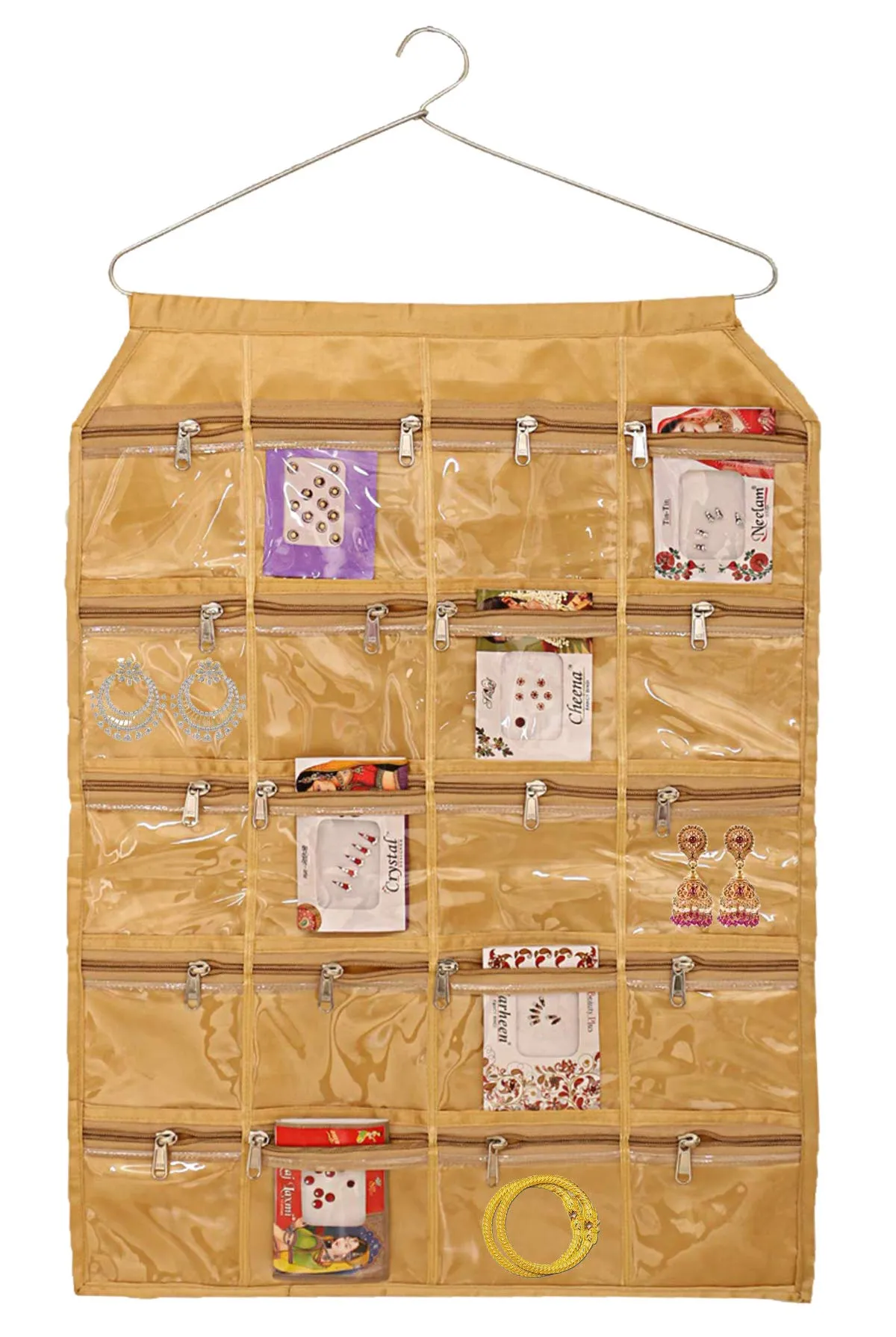 Kuber Industries Satin Jewellery Organizer With 20 Zipper Pockets With Hanger, Gold (F_26_KUBMART016961)