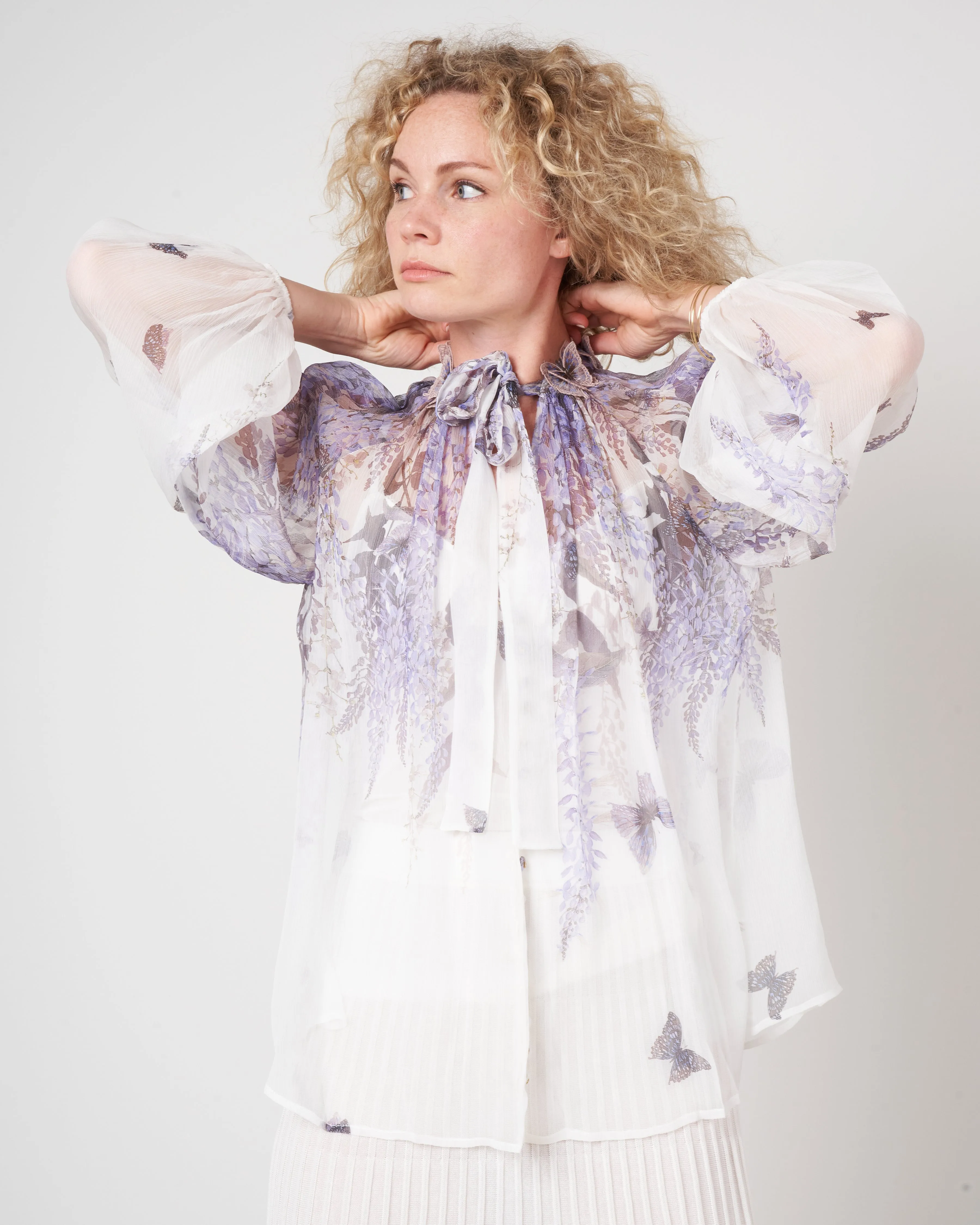 luminous lantern sleeve blouse - ivory lavender tea