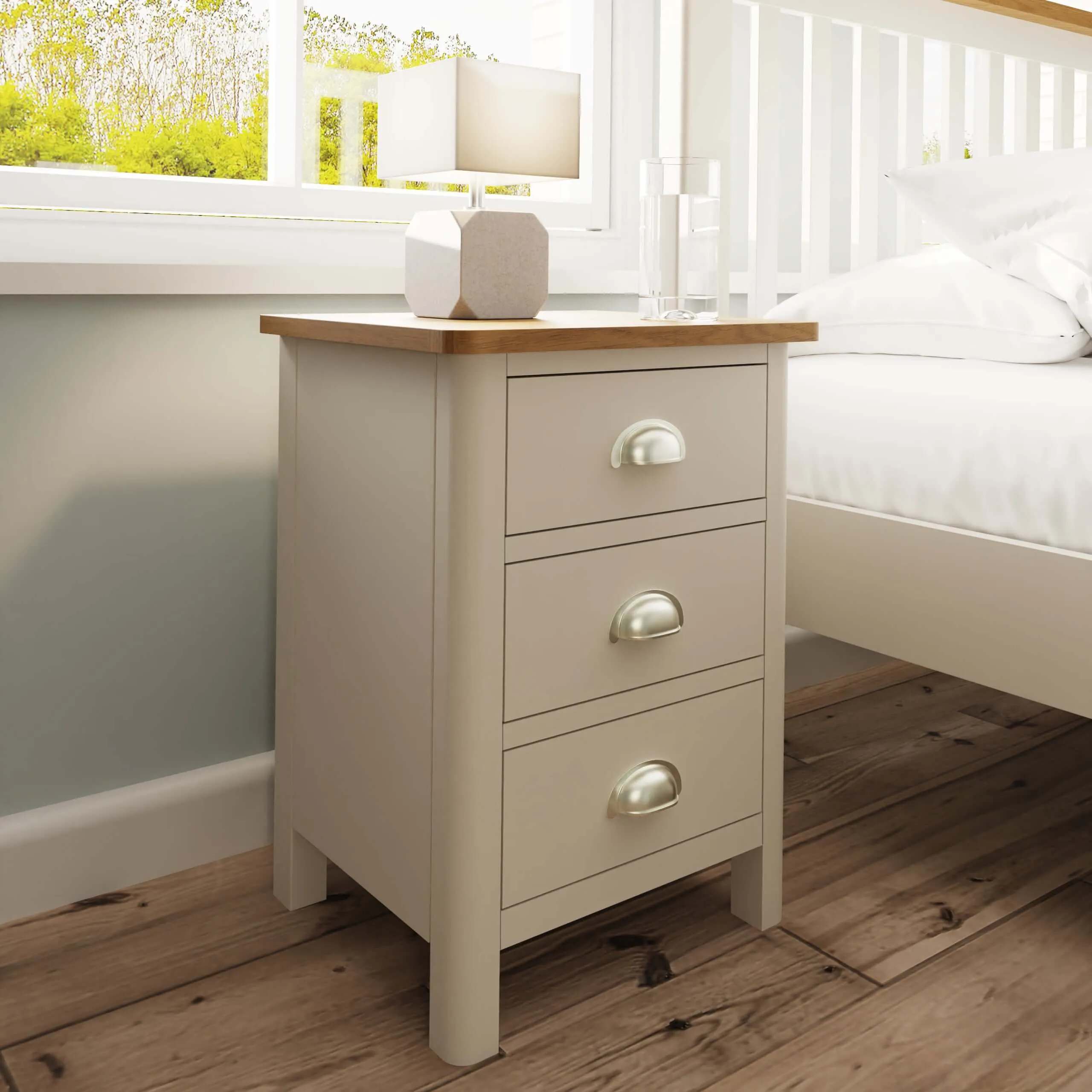 Maya Dove Grey Oak 3 Drawer Bedside Table