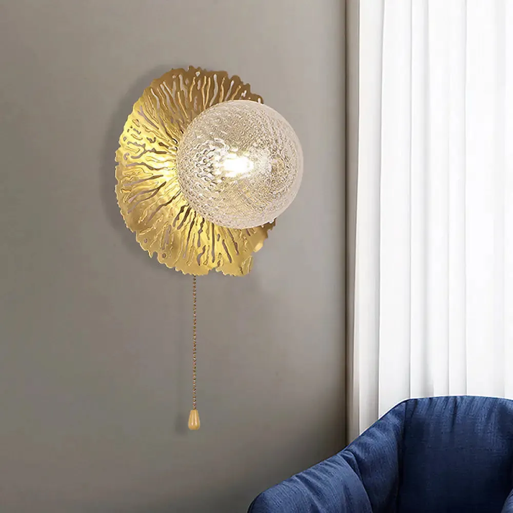 Modernist Gold Sphere Metal Wall Light - Dimple Glass LED Fixture