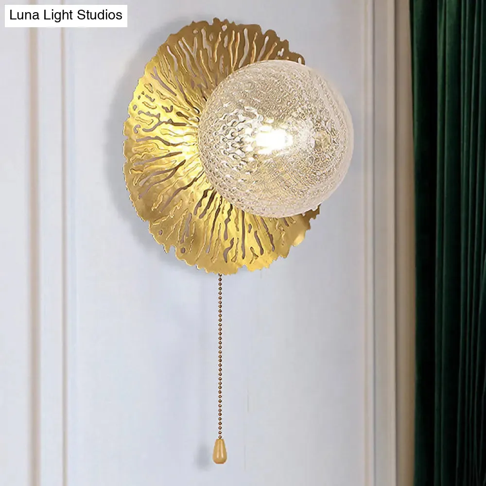 Modernist Gold Sphere Metal Wall Light - Dimple Glass LED Fixture