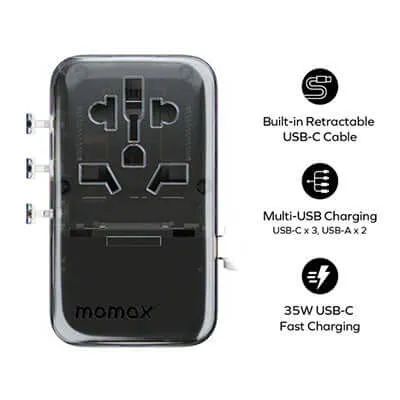 Momax 1-World  Flow 4-Port Travel Charger With Built-In USB-C Cable 35W