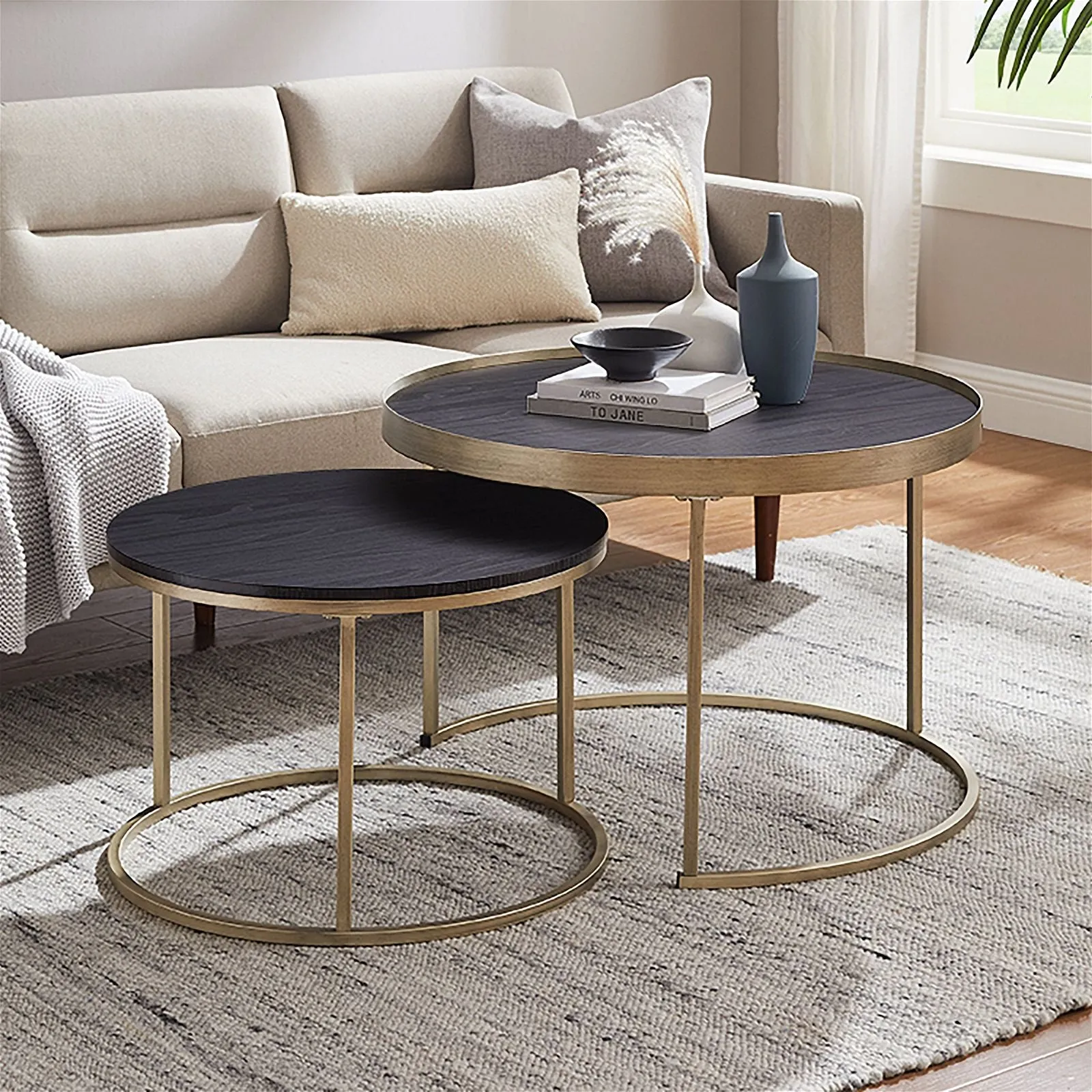 Nested Coffee Table Black Oak with  Distressed  Gold Metal Frame by Criterion