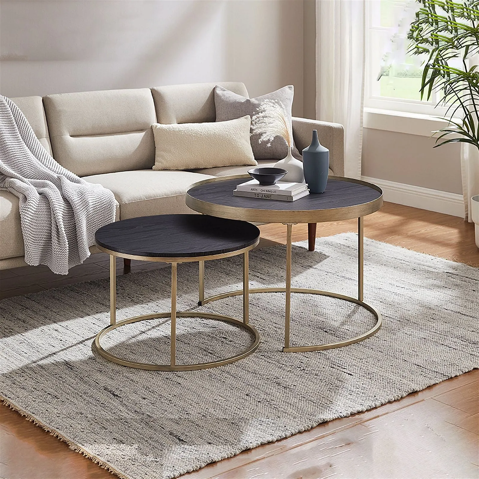 Nested Coffee Table Black Oak with  Distressed  Gold Metal Frame by Criterion