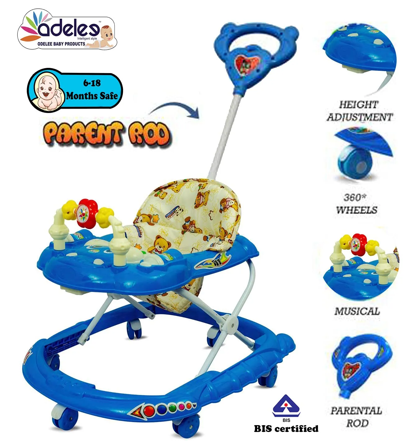 ODELEE Musical Activity Baby Walker 111 with Music & Parent Handel Rod & Adjustable Height for Kids (Blue)