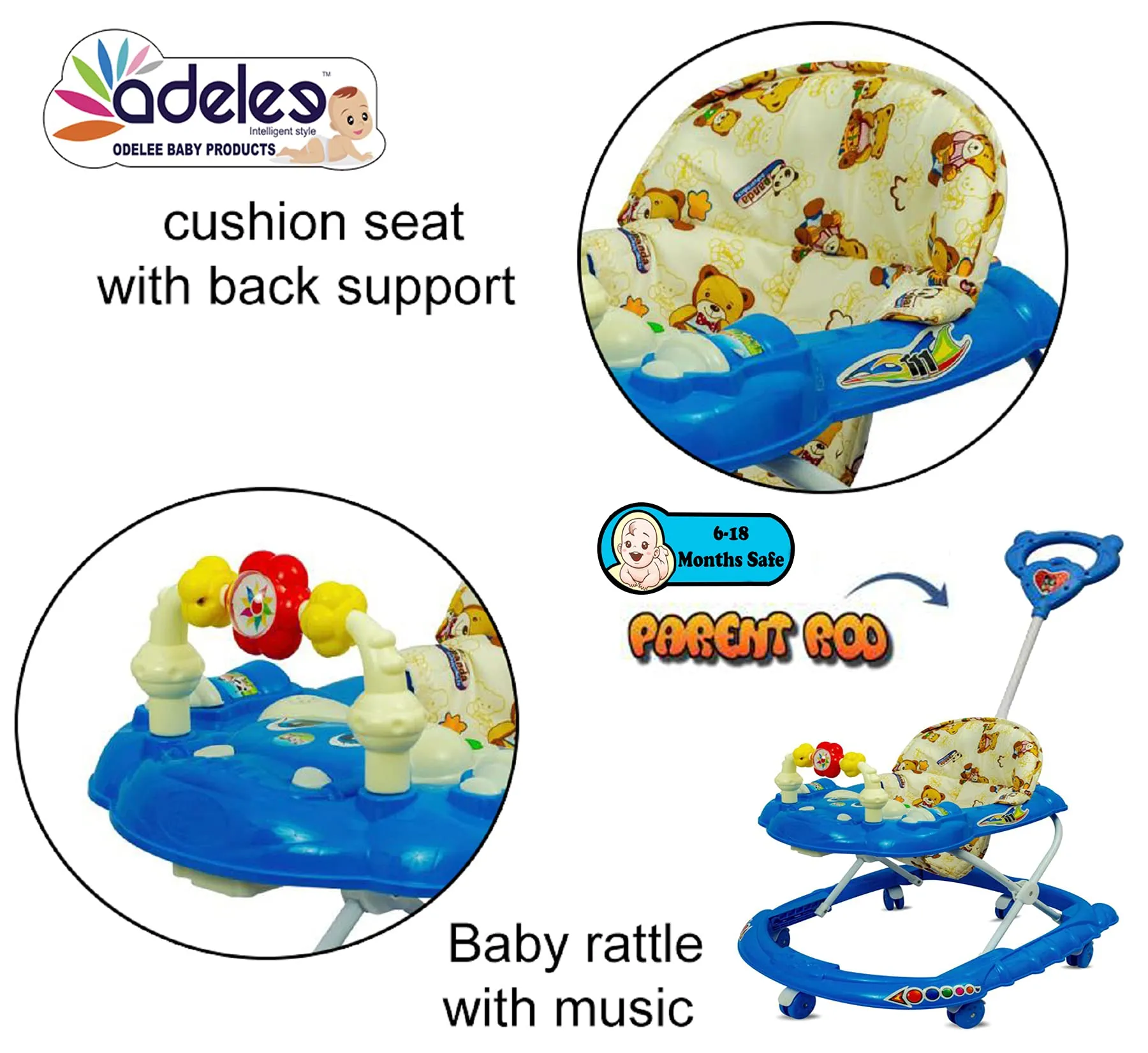 ODELEE Musical Activity Baby Walker 111 with Music & Parent Handel Rod & Adjustable Height for Kids (Blue)