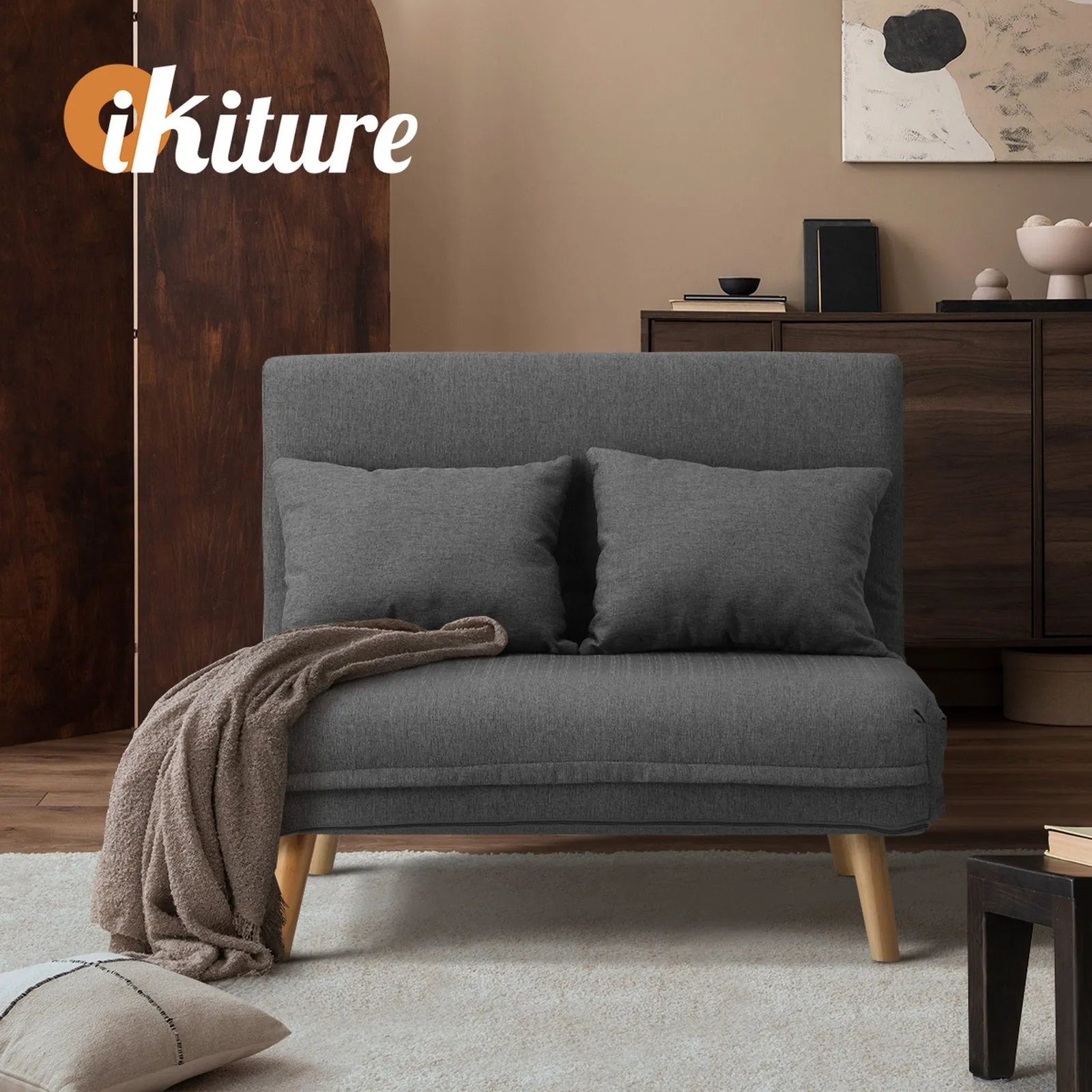 Oikiture Sofa Bed Lounge Chair Linen Fabric Recliner Wood Leg Double Seat Grey