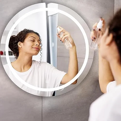 Round LED Wall Mirror for Bathroom,Wash Basin Mirror 3 LED Lights (Warm,White,Natural White, Size 24x24 Inch, Framed)