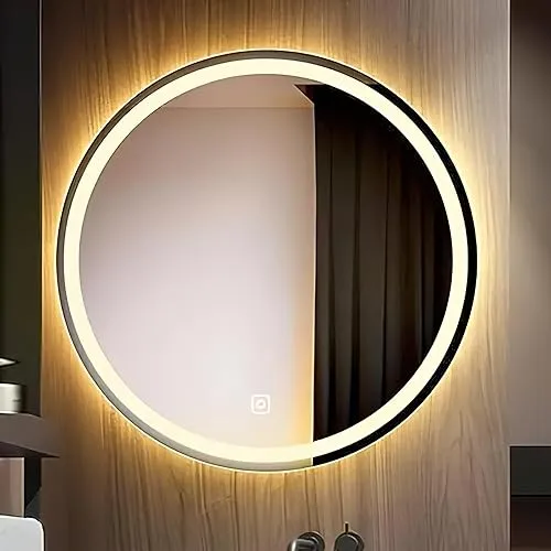 Round LED Wall Mirror for Bathroom,Wash Basin Mirror 3 LED Lights (Warm,White,Natural White, Size 24x24 Inch, Framed)