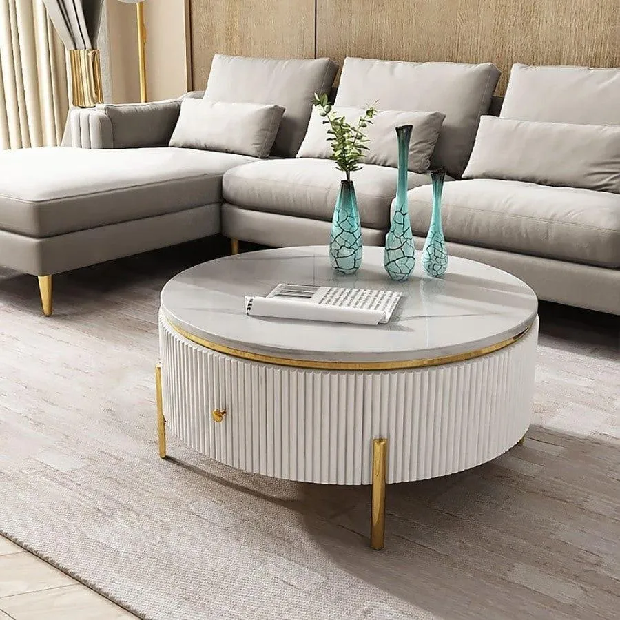 Round Storage Nesting Table with Marble Top - Modern and Elegant Living Room Accent Furniture ( Iron )