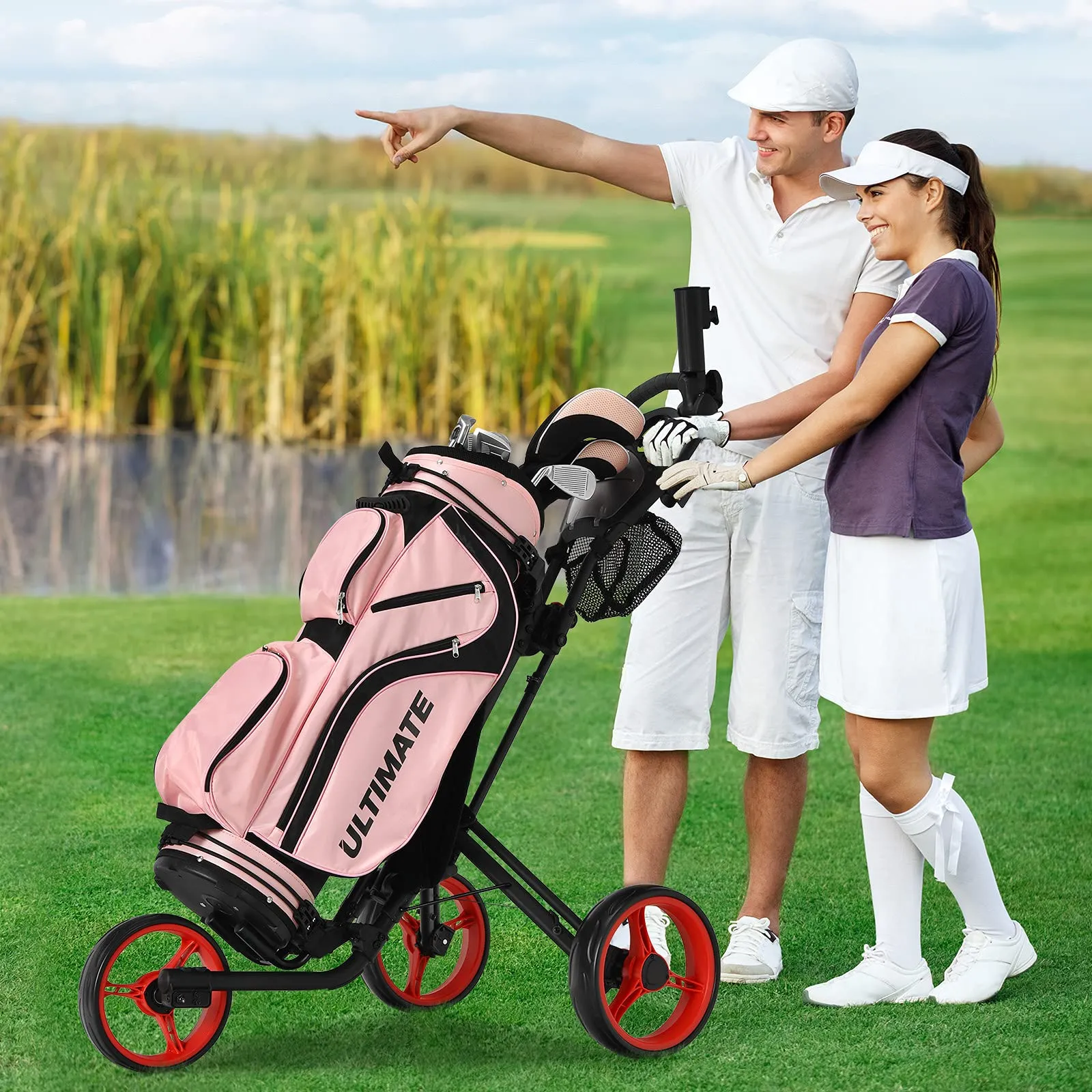 Tangkula Golf Push Pull Cart, Lightweight Aluminum Collapsible 3 Wheels Golf Push Cart