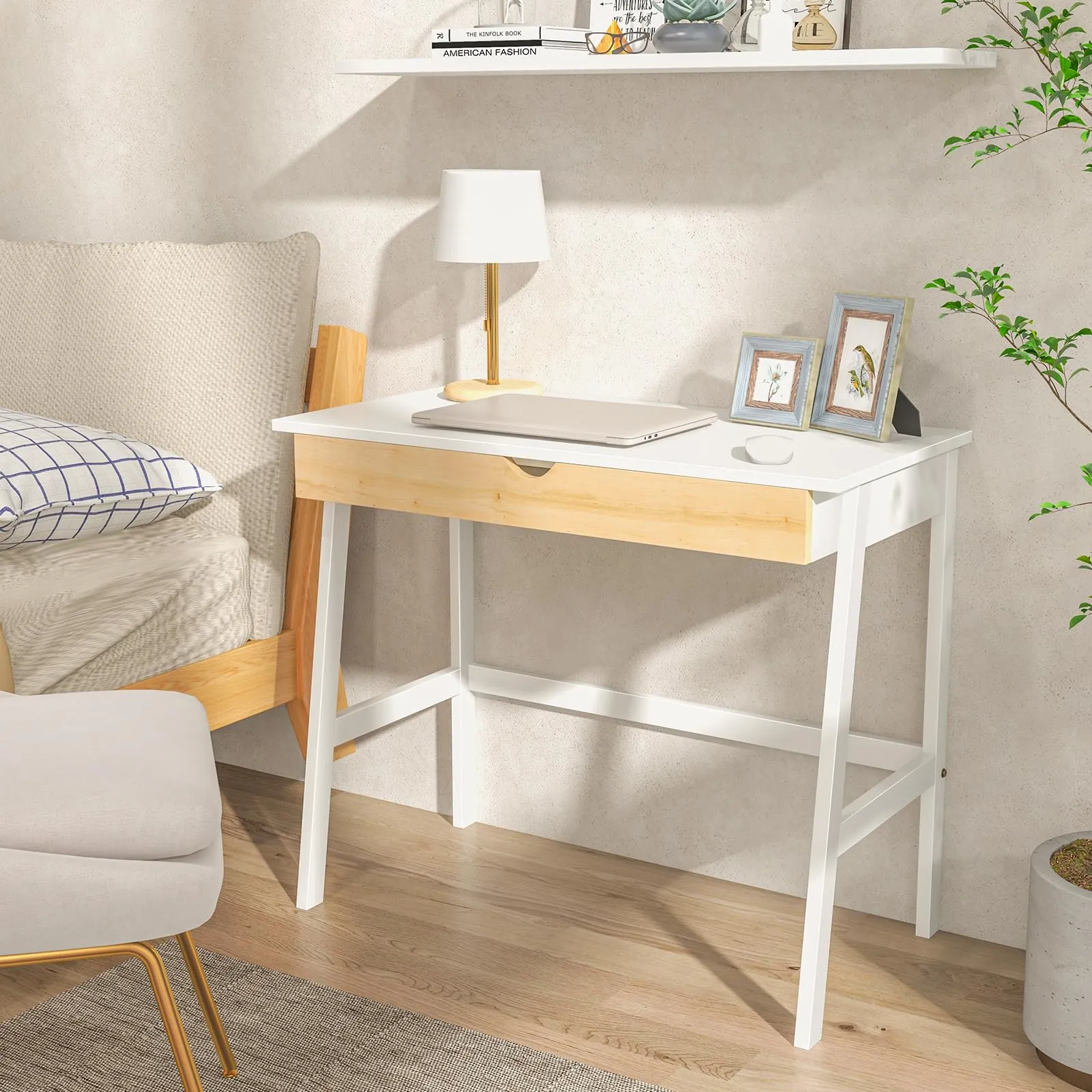 Tangkula Small White Desk with Drawer, Small Space Writing Study Desk