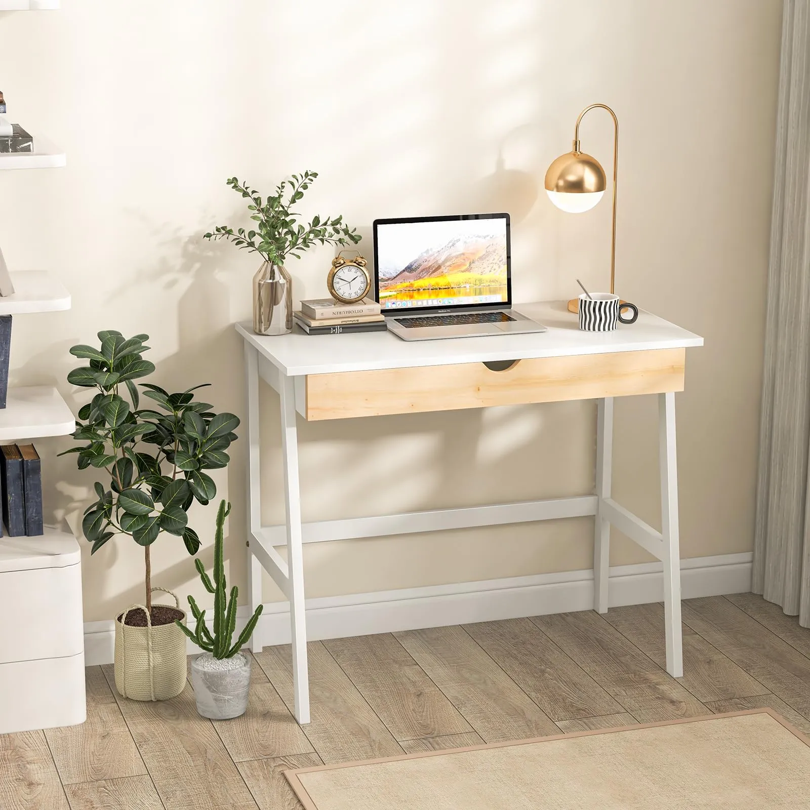 Tangkula Small White Desk with Drawer, Small Space Writing Study Desk