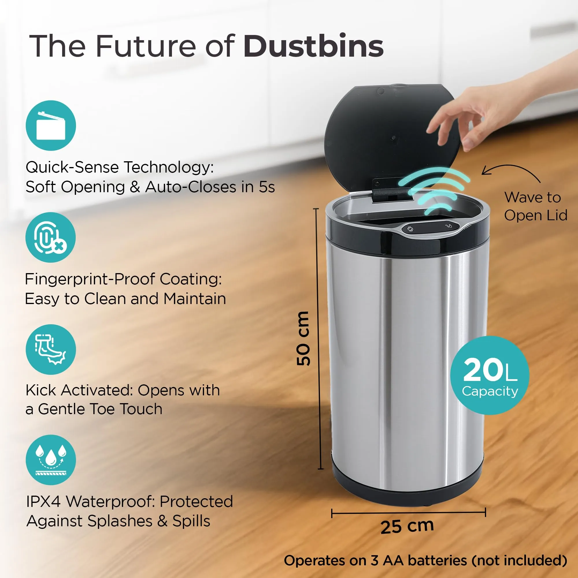 The Better Home 20L Stainless Steel Dustbin with Lid | (50cm) Automatic Smart Sensor Dustbin For Kitchen, Bedroom & Office | Dustbin For Bathroom | CE & RoHS Certified | Silver