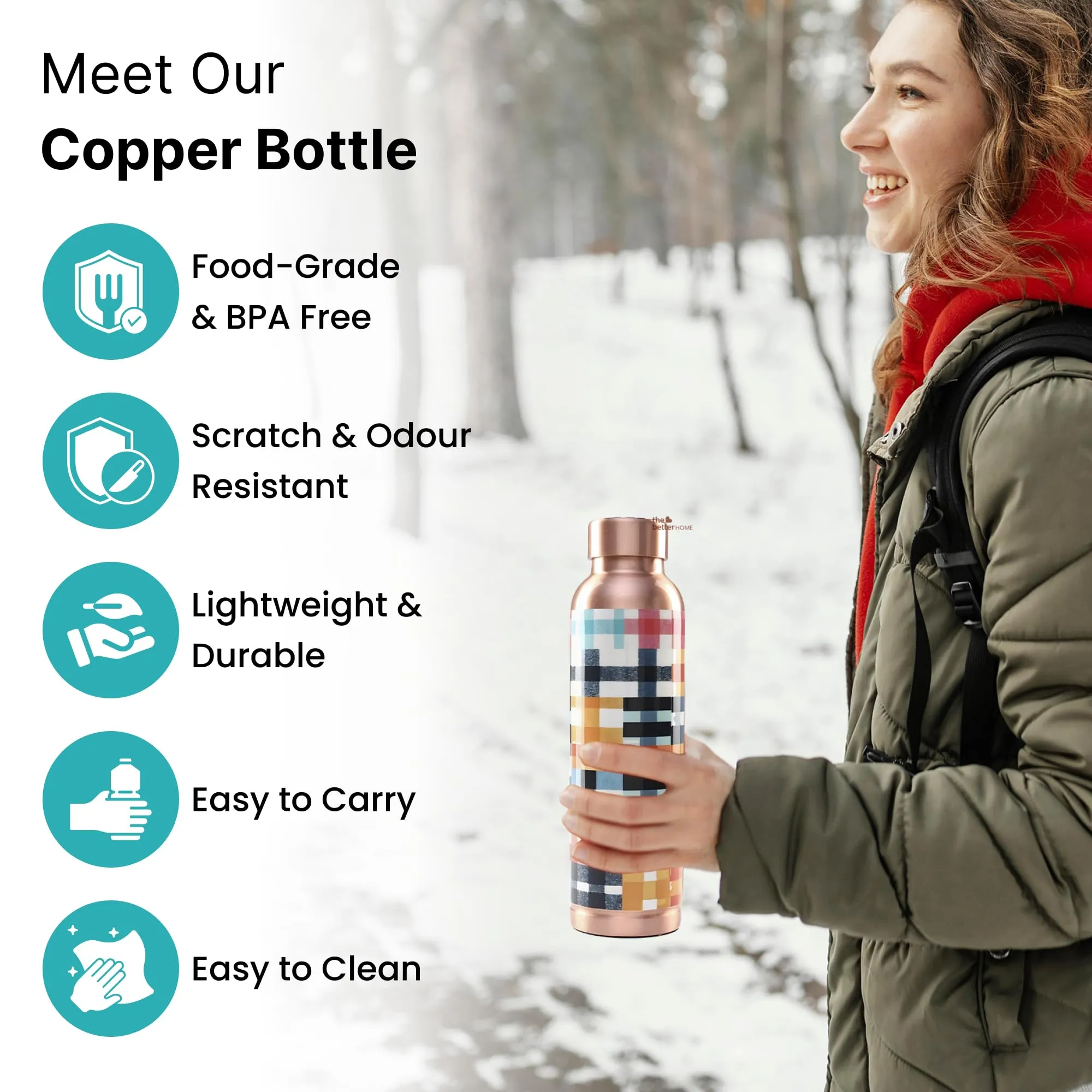 The Better Home Copper Water Bottle 1 Litre | With Anti Oxidant Properties | Diwali Gifts for Family and Friends | Copper Water Bottles 1  Litre | 100% Copper Water Bottle | Patchwork