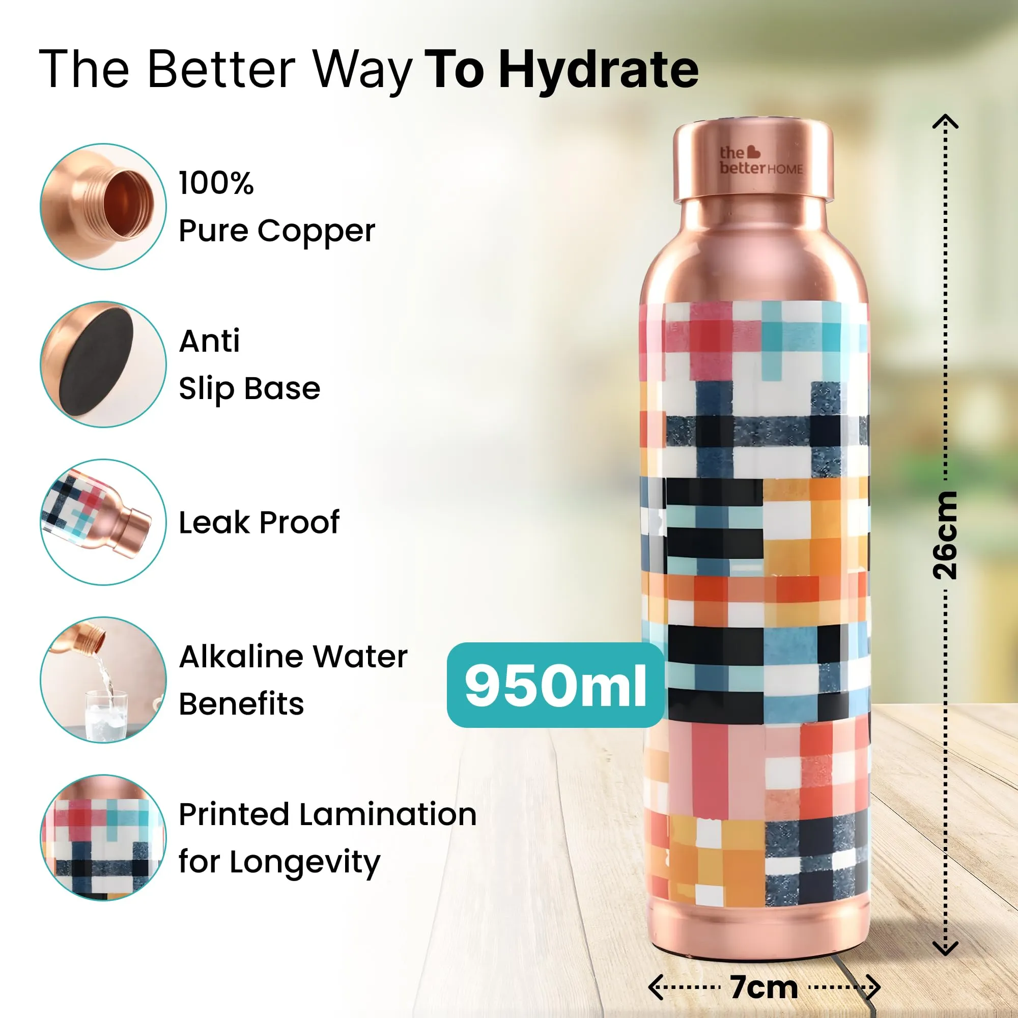 The Better Home Copper Water Bottle 1 Litre | With Anti Oxidant Properties | Diwali Gifts for Family and Friends | Copper Water Bottles 1  Litre | 100% Copper Water Bottle | Patchwork