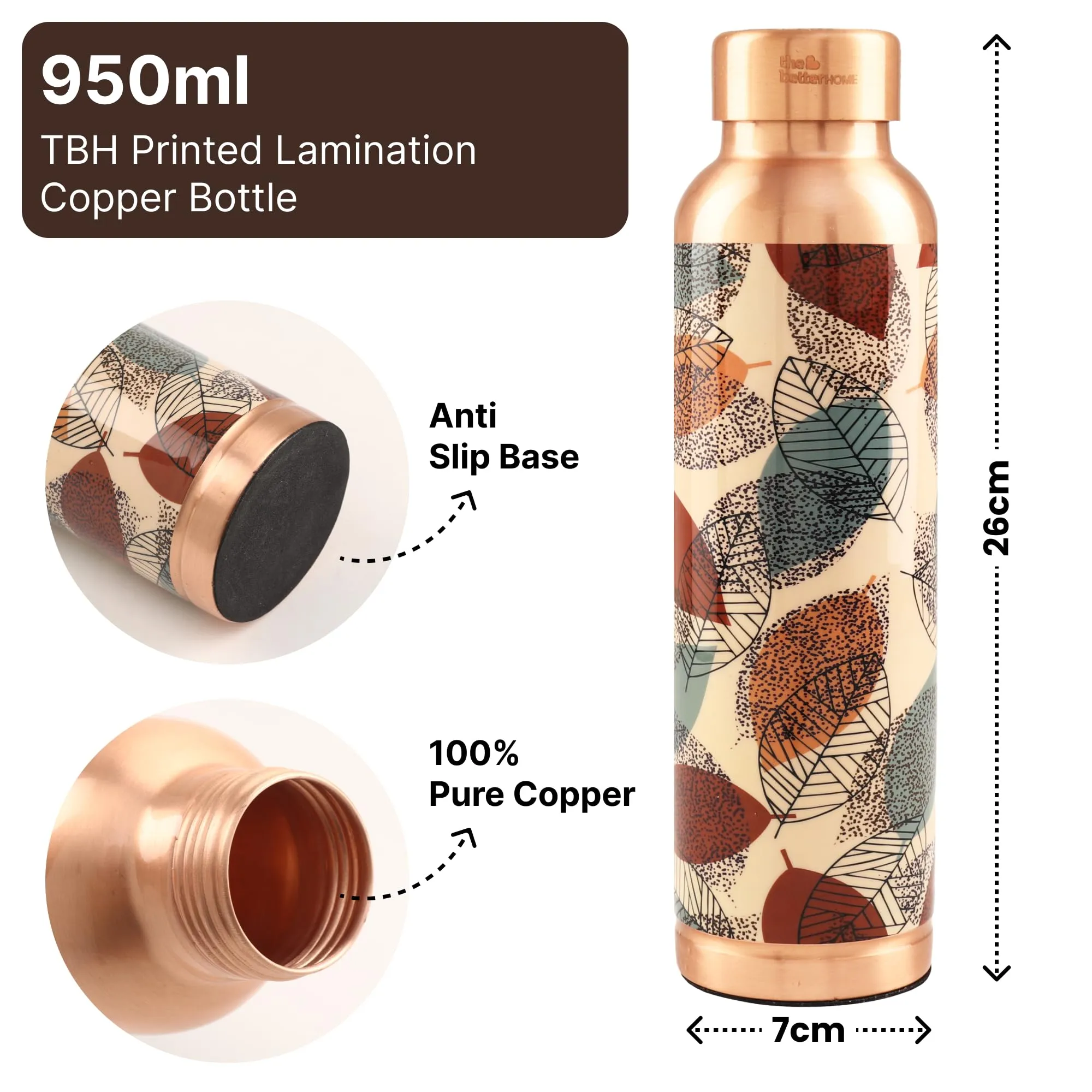 The Better Home Copper Water Bottle 950ml | Detox Water Bottle- Immunity Enhancing | Copper Bottle For Office/Home/Gym | Eco Friendly And Leakproof | Non-Toxic And BPA Free (Foliage)