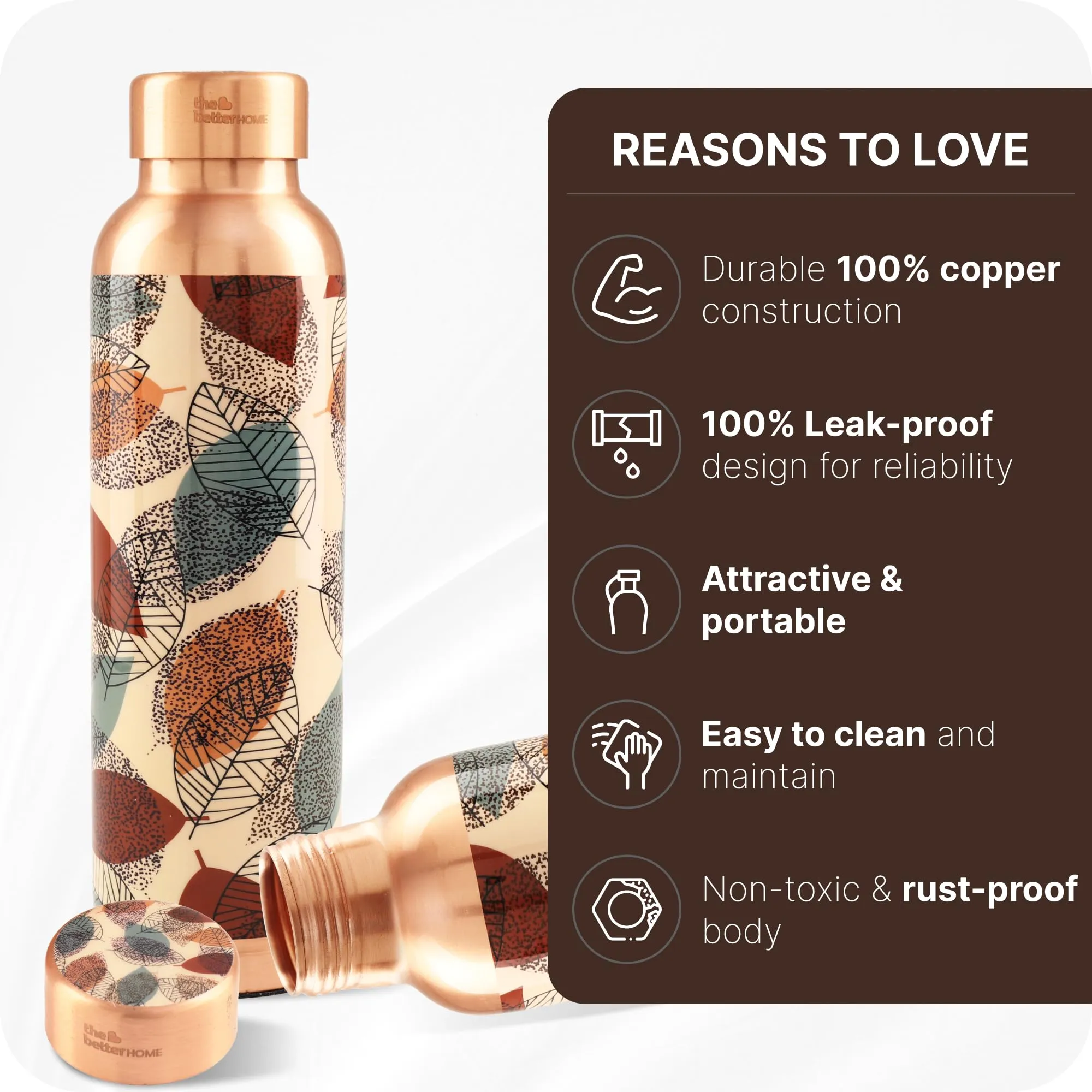 The Better Home Copper Water Bottle 950ml | Detox Water Bottle- Immunity Enhancing | Copper Bottle For Office/Home/Gym | Eco Friendly And Leakproof | Non-Toxic And BPA Free (Foliage)