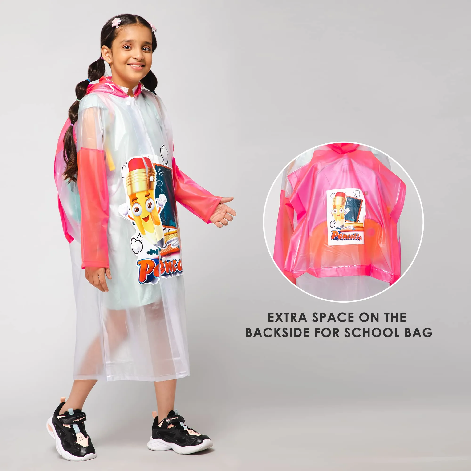 THE CLOWNFISH Toon Caper Series Kids Waterproof PVC Longcoat with Adjustable Hood & Extra Space for Backpack/Schoolbag Holding. Printed Plastic Pouch. Kid Age-6-7 years (Milky White -Transparent)