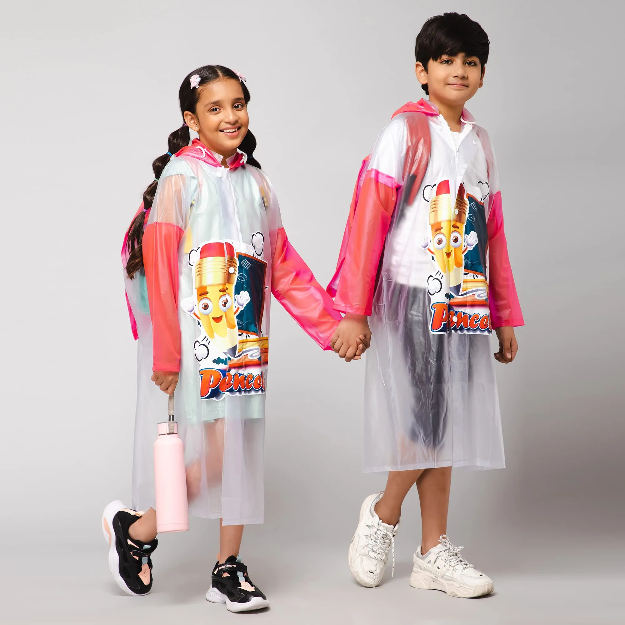 THE CLOWNFISH Toon Caper Series Kids Waterproof PVC Longcoat with Adjustable Hood & Extra Space for Backpack/Schoolbag Holding. Printed Plastic Pouch. Kid Age-6-7 years (Milky White -Transparent)