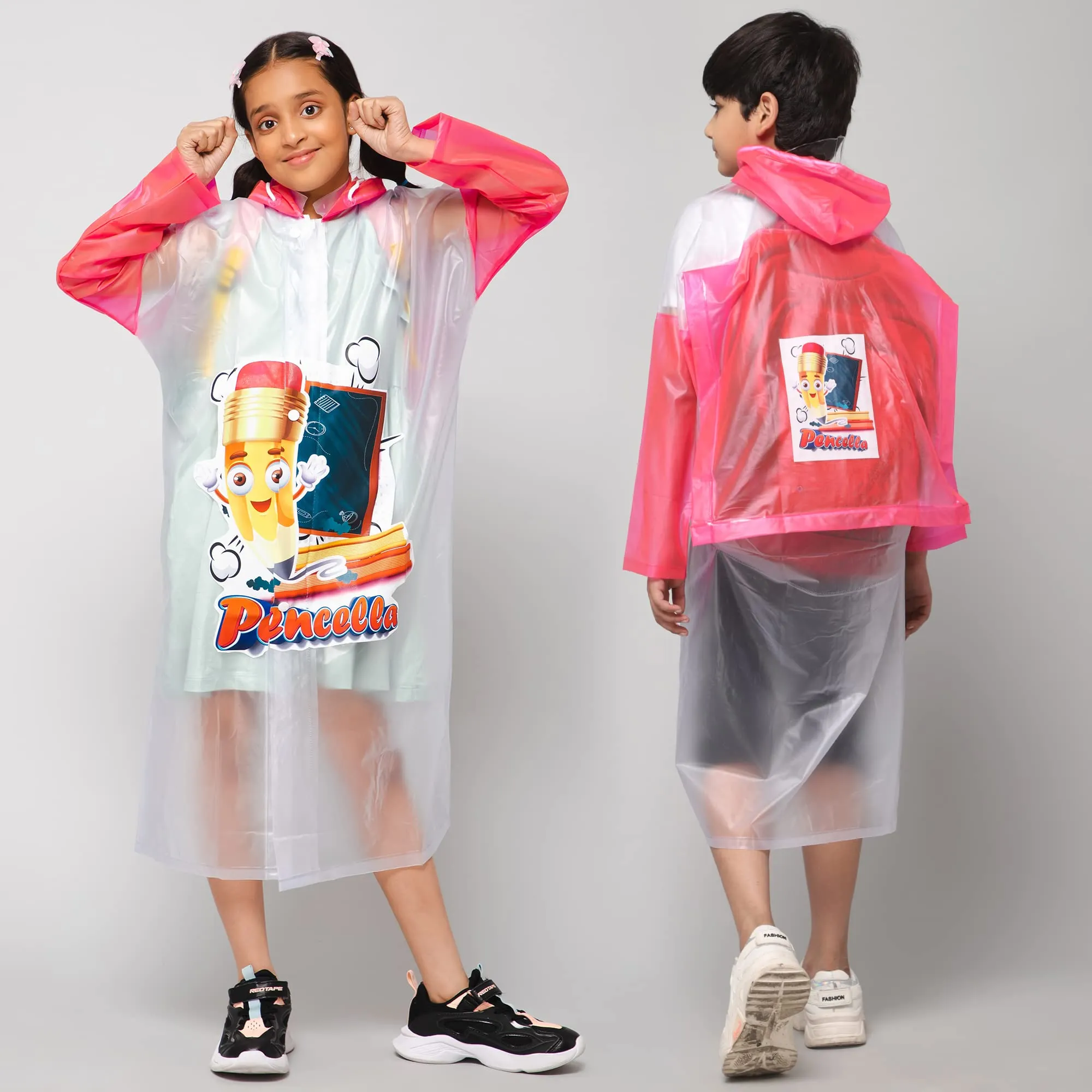 THE CLOWNFISH Toon Caper Series Kids Waterproof PVC Longcoat with Adjustable Hood & Extra Space for Backpack/Schoolbag Holding. Printed Plastic Pouch. Kid Age-6-7 years (Milky White -Transparent)