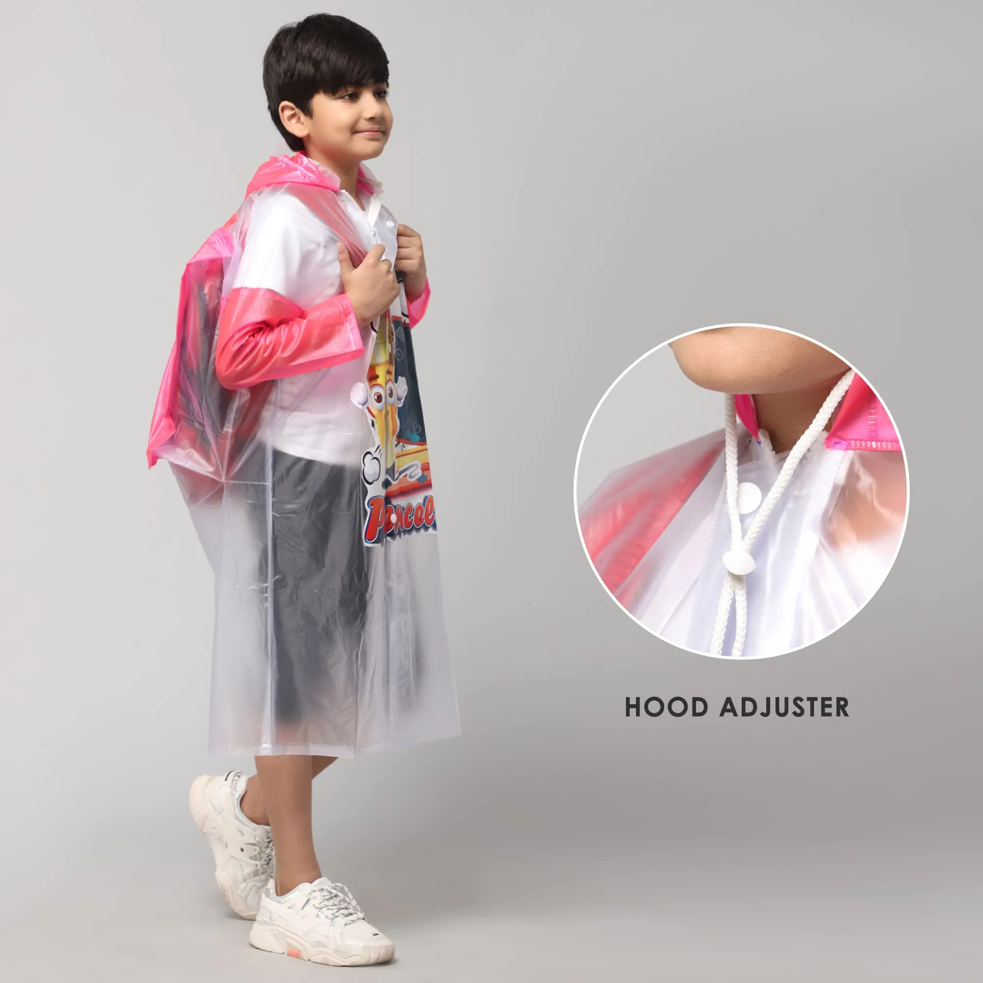 THE CLOWNFISH Toon Caper Series Kids Waterproof PVC Longcoat with Adjustable Hood & Extra Space for Backpack/Schoolbag Holding. Printed Plastic Pouch. Kid Age-6-7 years (Milky White -Transparent)