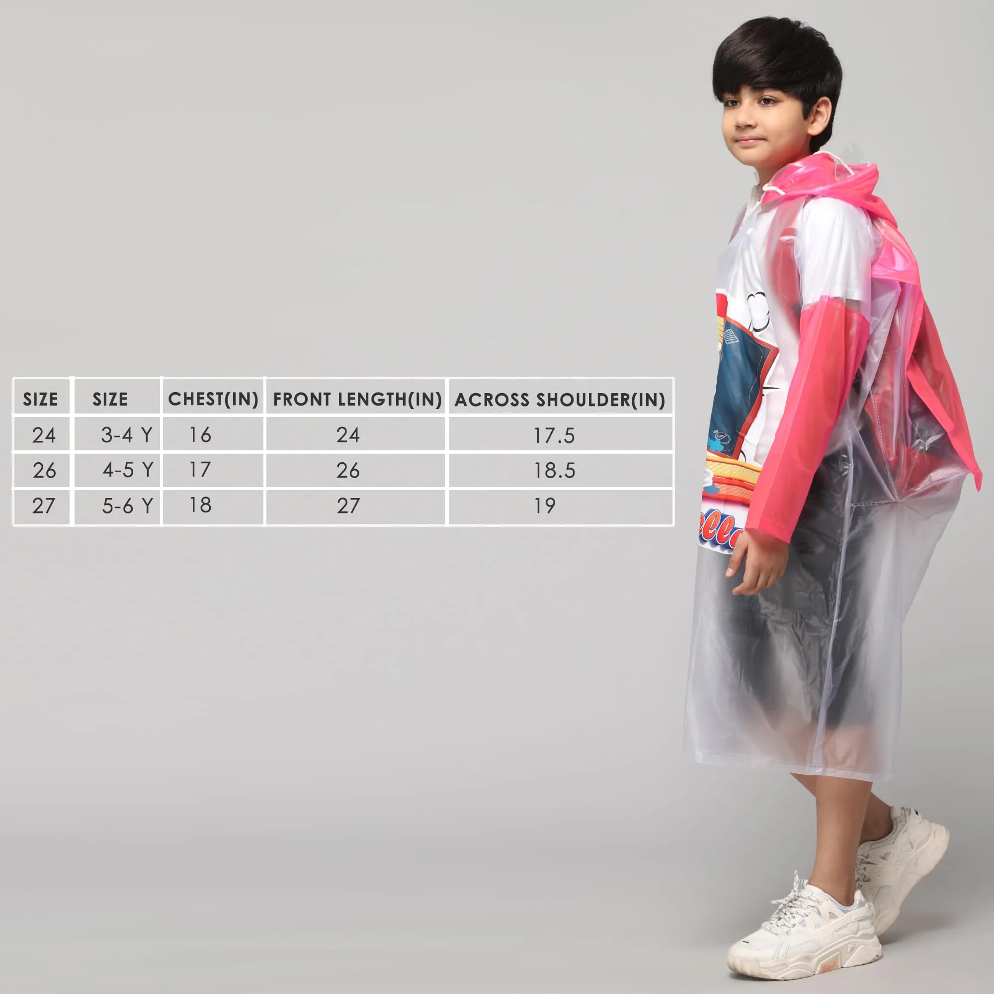 THE CLOWNFISH Toon Caper Series Kids Waterproof PVC Longcoat with Adjustable Hood & Extra Space for Backpack/Schoolbag Holding. Printed Plastic Pouch. Kid Age-6-7 years (Milky White -Transparent)