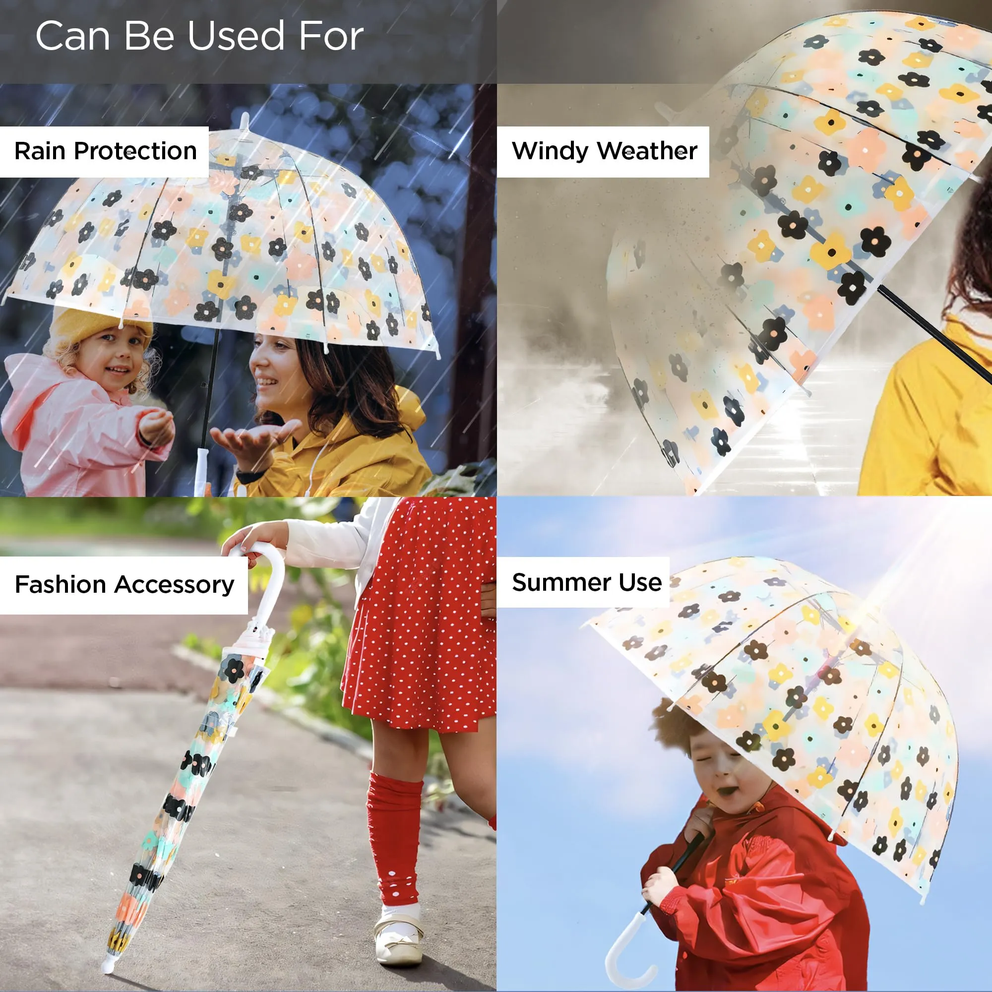 UMAI 64.5 cm Folding Umbrella Transparent | 8K Fiberglass Ribs | Auto Open & Non-slip Handle | Travel Friendly Windproof | Umbrella for Women, Men & Kids| Floral Print | White