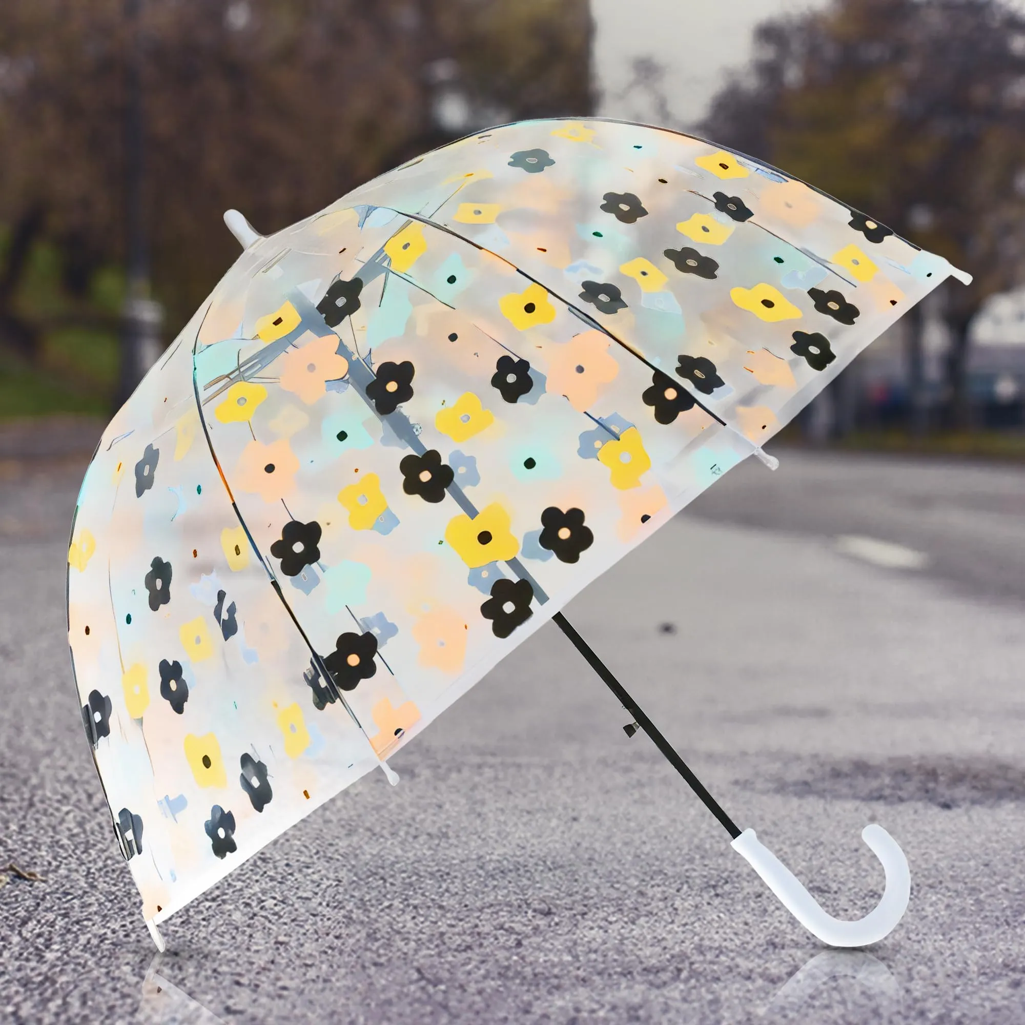 UMAI 64.5 cm Folding Umbrella Transparent | 8K Fiberglass Ribs | Auto Open & Non-slip Handle | Travel Friendly Windproof | Umbrella for Women, Men & Kids| Floral Print | White